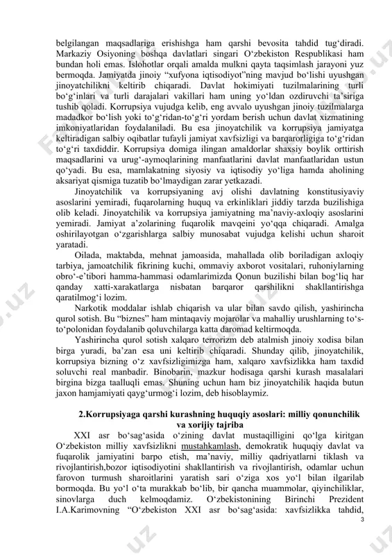 program”) nazariy tahliliga kо‘ra korrupsiyani vujudga kelishida, vakolat yoki hokimiyatga, shaxsiy manfaat va о‘zboshimchalik, hisobdorsizlik va oshkorasizlik omillari katta rol о‘ynaydi. о‘zbekiston respublikasi prezidenti sh.m.mirziyoyev 2017 yil 3-yanvar kuni “korrupsiyaga qarshi kurash tо‘g‘risida” gi qonunni imzoladi (о‘rq-419). ushbu qonunda korrupsiya tushunchasiga quyidagi ta’rif berilgan: “korrupsiya – shaxsning о‘z mansab yoki xizmat mavqeidan shaxsiy manfaatlarini yoxud о‘zga shaxslarning manfaatlarini kо‘zlab moddiy yoki nomoddiy naf olish maqsadida qonunga xilof ravishda foydalanishi, xuddi shuningdek bunday nafni qonunga xilof rafishda taqdim etish”. milliy qonunchiligimizda mazkur atamaning aniq huquqiy ta’rifi mavjud emas, biroq xalqaro huquqning ayrim manbalarida xususan, korrupsiya muammolari bо‘yicha yevropa kengashi guruhlarining 1- sessiyasi (1995 yil 22-24 fevral, strasburg)da “korrupsiya”ga shunday ta’rif berilgan “korrupsiya - pora olish (о‘ziga og‘dirish), davlat yoki xususiy sohada muayyan vakolatga ega bо‘lgan shaxs, mansabdor shaxsning yoki xususiy sohada faoliyat yuritadigan shaxs yoki mustaqil agentning о‘z mansab vazifasidan yoki shunga о‘xshash munosabatlardan kelib chiqadigan majburiyatlarini buzadigan shuningdek, о‘zi yoxud …