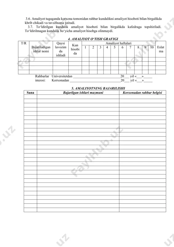 aga topshiriladi. to‘ldirilmagan kundalik bo‘yicha amaliyot hisobga olinmaydi. 4. amaliyot o‘tish grafigi t/r bajariladigan ishlar nomi qaysi lavozimda ishladi kun hisobida amaliyot haftalari eslat ma 1 2 3 4 5 6 7 8 9 10 rahbarlar universitetdan ___________________________20___ yil «___»_____ imzosi: korxonadan _____________________________20___ yil «___»_____ 5. amaliyotning bajarilishi sana bajarilgan ishlari mazmuni korxonadan rahbar belgisi 6. amaliyotda bajarilgan turli ishlar (nazariy o‘qitishlar, ekskursiyalar, ilmiy ishlarida qatnashish, sport-ommabop ishlari va h.k.). _____________________________________________________________________________ _____________________________________________________________________________ 7. korxona tomonidan taqdirlashlar, rag‘batlantirishlar va maъmuriy jazolar (korxona buyruqlari bo‘yicha)_____________________________________________________________________ _____________________________________________________________________________ 8. talabaning amaliyotni bajarishi (bahosi) to‘g‘risida tavsifnoma ________________________________________________________________________________________________________________________________________________________________________________________________________________________________________________________________________________________________________________________________________________________________________________________________ korxonadan rahbar _____________ __________________________________ (imzo) (familiyasi, ismi va sharifi) m.o‘.. 20___ yil «_____» ____________________ kundalik tekshirildi va hisobot ximoyaga ruhsat etildi. universitetdan amaliyot rahbari ____________ ________________________________ (imzo) (familiyasi, ismi va sharifi) кafedra mudiri ____________ ________________________________ (imzo) (familiyasi, ismi va sharifi) 20 yil «____» ____________________ 3-ilova o‘zbekiston respublikasi oliy taъlim, fan va innovatsiyalar vazirligi iqtisodiyot va pedagog