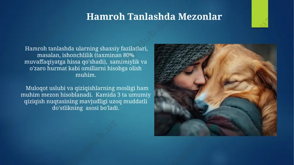 xologik foydasi, stress darajasini 20% gacha pasaytirib, ijtimoiy qo'llab-quvvatlash tarmog'ining mavjudligi bilan chambarchas bog'liq. oilaviy hamrohlikning ta'siri bolalarning intellektual rivojlanishiga sezilarli darajada ta'sir qiladi, o'rtacha 15% ga iq ko'rsatkichlarini oshiradi. hamrohlikning psixologik aspektlari sog'lom munosabatlarga ega bo'lgan shaxslar, depressiya va tashvish kabi ruhiy kasalliklarga chalinish ehtimoli 30% ga kamroqdir. bu ijtimoiy qo'llab-quvvatlashning ahamiyatini ko'rsatadi. yaqin hamrohlik hissiyotlarni tartibga solish qobiliyatini oshiradi va emotsional intellektni rivojlantirishda muhim rol o'ynaydi, bu esa ijtimoiy moslashuvchanlikni 15-20 ballga yaxshilaydi. qiyinchiliklar va yechimlar hamkorlikdagi qiyinchiliklarning 30%i noto'g'ri muloqot va turli xil kutulishlardan kelib chiqadi, samarali yechim sifatida aniq vazifalarni belgilash va muntazam aloqani o'rnatish tavsiya etiladi. jamoaviy loyihalarda 70% gacha muvaffaqiyatsizliklar motivatsiyaning yetishmasligi bilan bog'liq, shuning uchun rag'batlantirish tizimlarini joriy etish va jamoa a'zolarining hissasini tan olish muhimdir. e'tiboringiz uchun rahmat @taqdimot_robot image6.jpg image7.jpg image8.jpg image9.jpg image10.jpg image11.jpg image12.jpg image13.jpg image14.jpg image15.jpg image16.jpg image17.jpg image2.png image3.png image4.png image5.png