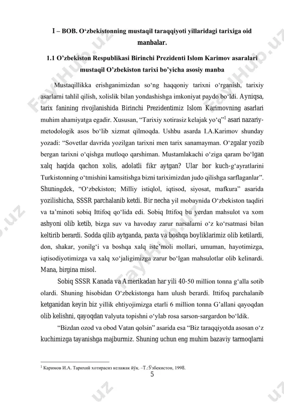 imizga zarur bo‘lgan mahsulotlar olib kelinardi. mana, birgina misol. sobiq sssr kanada va amerikadan har yili 40-50 million tonna g‘alla sotib olardi. shuning hisobidan o‘zbekistonga ham ulush berardi. ittifoq parchalanib ketganidan keyin biz yillik ehtiyojimizga etarli 6 million tonna g’allani qayoqdan olib kelishni, qayoqdan valyuta topishni o‘ylab rosa sarson-sargardon bo‘ldik. “bizdan ozod va obod vatan qolsin” asarida esa “biz taraqqiyotda asosan o‘z kuchimizga tayanishga majburmiz. shuning uchun eng muhim bazaviy tarmoqlarni 1 каримов и.а. тарихий хотирасиз келажак йўқ. –t.:ўзбекистон, 1998. 6 birinchi navbatda rivojlantirish hayot taqozosidir. bular jumlasiga neft va gaz sanoati, energetika, oltin qazib chiqarish va rangli metallurgiyaning boshqa tarmoqlari kiradi. hozir biz zarur neftning 80 foizini chetdan tashib keltirishga majbur bo‘lyapmiz. bundan tashqari, benzin va boshqa neft mahsulotlari ham respublikaning tashqarisidan sotib olinyapti. ularning narxlari muttasil oshib borayotganligi iqtisodiyotimizga og‘ir yuk bo‘lib tushmoqda. ayni paytda esa, biz o‘zimizni neft va boshqa energetika resurslari bilan ta’minlash imkoniyatiga egamiz. bundan …