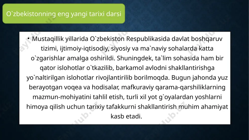 o`z qarashlarini ilmiy asoslashni va ifodalashni bilish, milliy mustaqillik g`oyalariga amal qiladigan faol hayotiy dunyoqarash kabi malakalarga ega bo`lishi kerak. o`zbekistonning eng yangi tarixi darsi xx asrning 70-80 yillarida sssrda iqtisodiyotning rivojlanish sura’ti tobora pasayib, sarf-xarajatlari ortib bordi. mavjud imkoniyatlarni hisobga olmasdan ishlab chiqilgan ijtimoiy, oziq-ovqat, agrar, energetika, ekologiya va boshqa sohalardagi dasturlar samara bermadi, iqtisodiy ziddiyatlarni chuqurlashtirib yubordi. jahonning taraqqiy topgan mamlakatlarida xx asr ikkinchi yarmida sodir bo’lgan ilmiy-texnika inqilobidan samarali foydalanildi. mashina-fabrika ishlab chiqarishidan avtomatlashtirilgan kompleks ishlab chiqarishga o’tib borildi. ishlab chiqarishga hisob-kitoblar, echimlar, nazorat va boshqarish vazifalarini bajaradigan elektron-hisoblash apparatlari, axborot texnikasi, robotlar kirib keldi va keng qo’llanila boshlandi. odamlar bajarib kelgan oddiy texnik, mexanik, og’ir jismoniy ishlarni texnika vositalari bajaradigan bo’ldi. fan ishlab chiqarish kuchiga aylandi. natijada ilg’or mamlakatlarda ishlab chiqarish intensive taraqqiyot yo’liga kirdi. moddiy ishlab chiqarishda ishlovchilar soni qisqarib, xizmat ko’rsatish sohasida, tibbiyot, ta’lim, ilmiy faoliyatda band bo’lganlar soni oshib bordi. axborot texnikasi tibbiyot, …