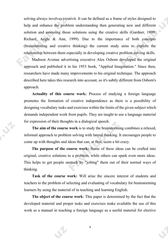 ying a foreign language promotes the formation of creative independence as there is a possibility of designing vocabulary tasks and exercises within the limits of the given subject which demands independent work from pupils. they are taught to use a language material for expression of their thoughts in a dialogical speech. the aim of the course work is to study the brainstorming combines a relaxed, informal approach to problem solving with lateral thinking. it encourages people to come up with thoughts and ideas that can, at first, seem a bit crazy. the purpose of the course work: some of these ideas can be crafted into original, creative solutions to a problem, while others can spark even more ideas. this helps to get people unstuck by "jolting" them out of their normal ways of thinking. task of the course work: will arise the sincere interest of students and teachers to the …