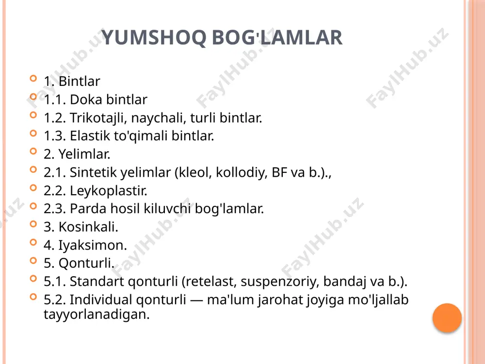 arab tortib turadi. 2-bi'nt pb soxasida 2 - 3-marta tsirkulyar uralib,depa-ensa sodasidagi tasmasidan chapdan-ushta va ungdan-chapga karab bogl boriladi shunda, boshning sochli kismi yopilib boradi. oxi bint tasmasining ikkala uchidan biriga kushilib iyak sox bir-biriga boglab kuyiladi buyinga va kukrak kafasining orka yuzasiga xochsimon yo simon boglamlar kuyiladi. bopsha turdagi boglamlar u soxada bir-birining ustiga yigilib kolib, boglamni ushlab tura olmaydi. dezo boglami. shikastlangan kulni fiziologik ushlab turish uchun ku ostiga paxtali yostikcha kuyiladi. kotuvchi boglamlar. kotib koluvchi boglamlar ichida gips boglami eng keng tarkalgan. gipsdan kilingan boglam tez kotishi, tanaga mustaxkam yopishishi, turli sharoitlarda kulay kuiilishi bilan ajralib turadi. gips boglami kuyish uchun gips, doka, paxta kerak. gips boglamining turlari 1. tsirkulyar gips boglami (kul, oyok suyaklari singanda immobilizatsiya kilish uchun kuyiladi). qo'ln i boglash. bitta barmoqni boglash. boglam kaft usti atrofida mu-staxkamlaydigan doyra uramlar kilishtsan boshlanadi. sungra bint­ni kul panjasining orkdsi osha barmok, uchigacha kdyshik, xrlda yunaltiriladi va …