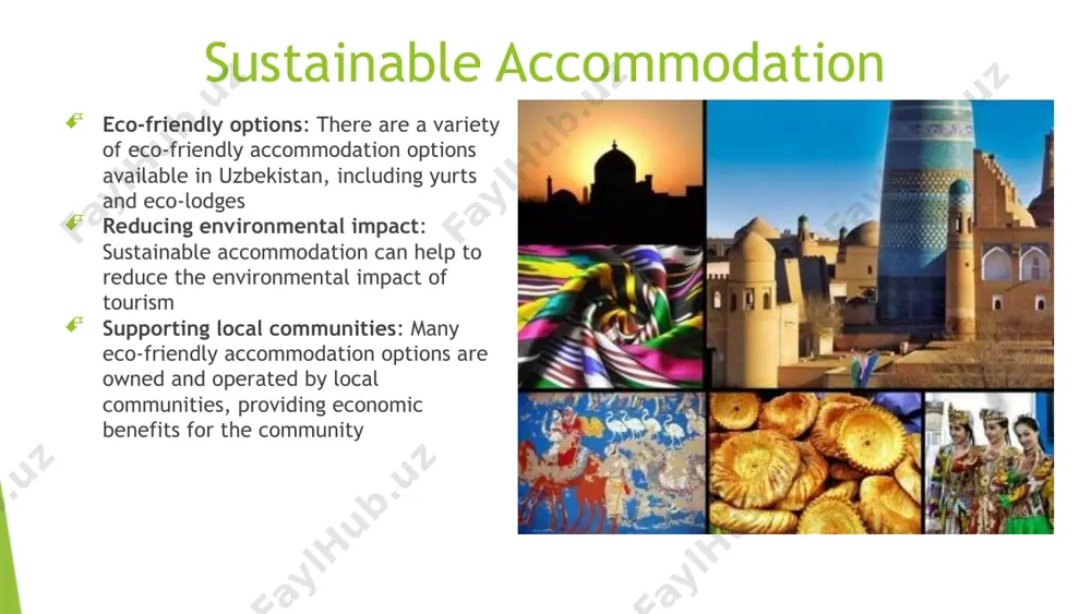 latforms can make it easier for visitors to find and book ecotourism experiences in uzbekistan ‎ marketing and promotion are important aspects of ecotourism in uzbekistan. social media can be an effective tool for promoting ecotourism initiatives and engaging with potential visitors. partnerships with tour operators can help to promote ecotourism in uzbekistan to a wider audience, while online booking platforms can make it easier for visitors to find and book ecotourism experiences in uzbekistan. challenges and solutions lack of infrastructure: the lack of infrastructure in some areas of uzbekistan can make it difficult to develop ecotourism initiatives limited awareness: many potential visitors are not aware of the ecotourism opportunities available in uzbekistan solutions: solutions to these challenges include developing infrastructure in key areas, increasing awareness through marketing and promotion, and establishing partnerships with local communities and tour operators ‎ there are a number of challenges facing ecotourism in uzbekistan, …