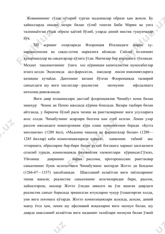 . жотто асарларининг бош мавзуси маьнавий-аҳлоқий баркамол инсонни улуғлаш ва уни давр идеали даражасига кўтаришдир. у воқеликни реал муҳитда—маконда ифодалашга интилади. шу мақсадда у тасвирий саньатнинг тасвирий ва ифода воситалари бўлган ёруғ-соя имкониятларидан кенг фойдаланишга ҳаракат қилади. композициянинг мантиқий қурилишига, маконда жойлашган ҳар бир образни ўринли кўрсатишга эришади. жотто ўз даврининг машҳур саньаткори эди. унинг саньати кўпчиликка манзур бўлди. бу, албатта, унга буюртмаларнинг кўплаб берилишига сабаб бўлди. натижада флоренцияда дунёга келган бу саньаткорнинг ишлаган суратлари италиянинг жуда кўп шаҳарларига бориб етди. у ерлардан ҳам буюртмалар келиб турди. бу катта буюртмаларни бажариш учун катта бадиий устахона ташкил этди ва ўзининг шогирдлари билан бирга ишлади. бу эса саньаткорнинг янада машҳур бўлишига, таьсир доирасининг кенгайишига сабаб бўлди. рассомнинг мухим асарларидан бири, падуядаги дель арена капелласига ишланган деворий суратидир. бу суратда саньаткорнинг гражданлик позицияси, юксак бадиий маҳорати намоён бўлди. суратларда биби марям ва исо ҳаёти тасвирланади. лекин, диний воқеалар саньаткор томонидан реал воқеадек ифодаланади. …