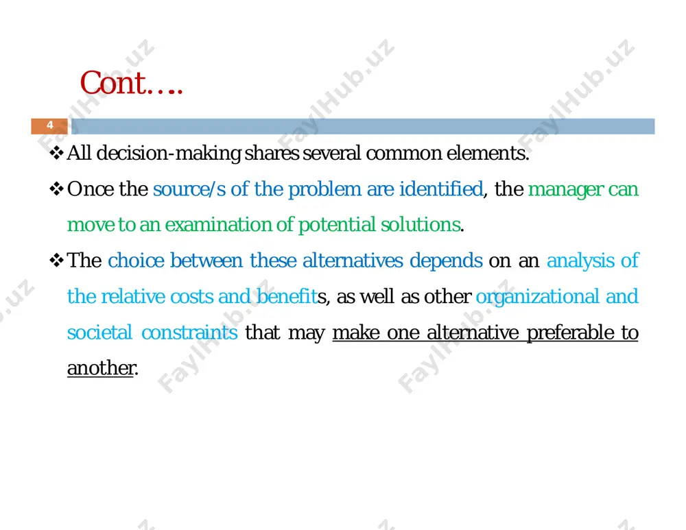 e with the “best worst.”  this approach seeks to minimize the difference between the pay- off that is realized and the best pay-off for each state of nature. cont….. 18 illustration 1: referring to the pay-off table, determine which alternative would be chosen under each of these strategies: (a) maximin, (b) maximax, and (c) laplace cont….. alternatives possible future demand low medium high small facility 10 10 10 medium facility 7 12 12 large facility (4) 2 16 19 a) using maximin, the worst pay-offs for the alternatives are:  small facility: $10 million  medium facility: $7 million  large facility: $–4 million hence, since $10 million is the best worst, choose to build the small facility using the maximum strategy. cont….. 20 b) using maximax, the best pay-offs are:  small facility: $10 million  medium facility: $12 million  large facility: $16 million  the best …