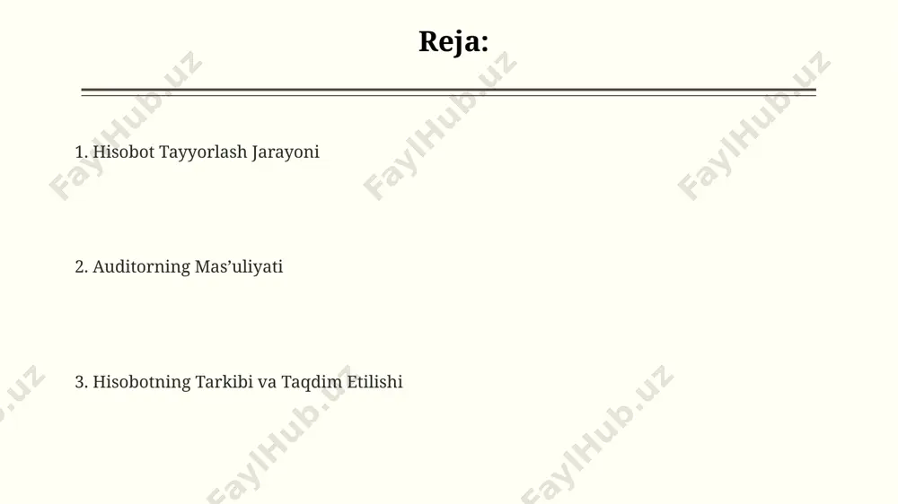сосий молиявий кўрсаткич (фойда, зарар, активлар) кўрсатилиши, шунингдек, 10% дан ортиқ оғишларни изоҳлаш зарур. самарқанд вилоятидаги тажрибалар ҳисобга олинади. ўзбекистон республикасининг 2017 йилги 2-сонли қонунига асосланиб, ҳисобот 3 нусхада тузилиши ва икки ҳафта ичида тегишли органларга тақдим этилиши керак. ҳисобот тақдим этишда 2023 йил учун тошкент шаҳридаги 5 та йирик корхонанинг молиявий кўрсаткичларини таҳлил қилиш ва аудиторлик хулосаларини илова қилиш талаб этилади. hisobot tayyorlash jarayoni hisobot tayyorlash jarayoni, 2023-yil 1-iyuldan 30-sentabrgacha bo'lgan davrni qamrab oladi va samarqand viloyatidagi 5 ta korxonaning moliyaviy ko'rsatkichlarini o'z ichiga oladi, tekshiruv standartlari 314-moddasiga muvofiq amalga oshiriladi. audit hisobotini tayyorlashda, kamida 10 yillik tajribaga ega bo'lgan 2 nafar sertifikatlangan auditor ishtirok etadi va xalqaro moliyaviy hisobot standartlari (xmhhs) ga muvofiq, toshkent shahrida joylashgan korxona faoliyati tahlil qilinadi. hisobot tarkibiga, 15 ta jadval va 30 dan ortiq diagrammalar kiradi, bu esa buxoro viloyatidagi korxonaning 2022-yilgi daromadlarini va xarajatlarini batafsil aks ettiradi, shuningdek, muhim xatarlar va tavsiyalar …