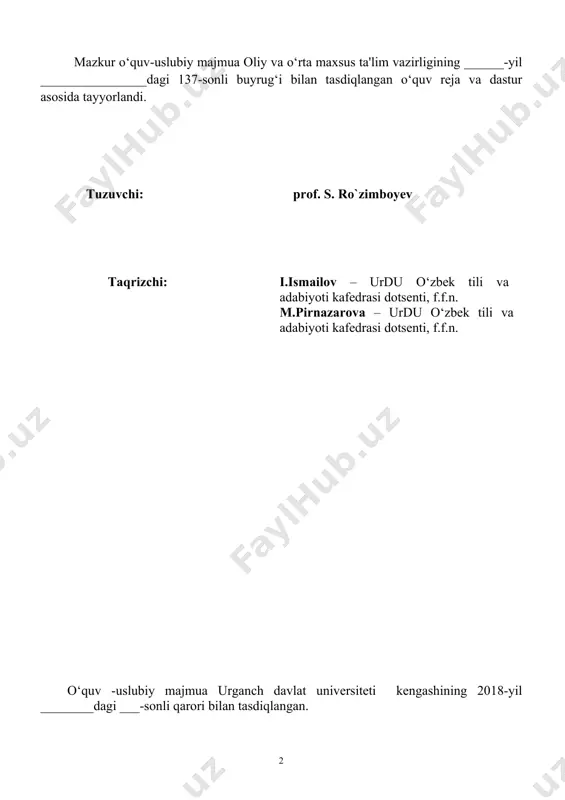 120100 – filologiya va tillarni o‘qitish (o‘zbek tili), ta’lim yo‘nalishi o‘quv rejasiga asosan 1-semestrda mos ravishda 132 auditoriya soatlarda o‘qitiladi. ma’ruzalar fanning asosiy masalalarini qamrab olgan bo‘lib, folklorshunoslik sohasining predmeti, vazifalarini yoritish, fan doirasida o‘rganiladigan asosiy masalalarning mazmun-mundarijasini belgilash, o‘zbek folklorining ijtimoiy tabiati, shakllanish jarayoni, taraqqiyoti, folklor va adabiyot, epik, lirik, dramatik turlar, marosim folklori va boshqa folklor janrlariga xos xususiyatlar, ularning semantikasi hamda ijtimoiy g‘oyaviy mazmuni haqida ma’lumot berish maqsadini aks ettiradi. “o‘zbek folklori” fanini o‘zlashtirish jarayonida o‘rganiladigan masalalar doirasida bakalavr folklor janrlari epik, lirik, dramatik turlar, marosim folklori va boshqa folklor janrlariga xos xususiyatlar, ularning semantikasi hamda ijtimoiy g‘oyaviy mazmunini, badiiy tafakkur mahsuli bo‘lmish folklor namunalarini baholash mezonlarini o‘rganadi. o‘zbek xalq marosim foklori tarkibi, xalq dostonlarining turlari, qahramonlik dostonlari uchun mezon sanalmish alplik tizimini, etnos va epos munosabatlarining badiiy talqinlarini, xalq lirikasining she’riy o‘lchovlari ramz va timsollarini, xalq ertaklari, afsona va rivoyatlarning badiiy xususiyatlarini maqol va topishmoqlarning ma’no …