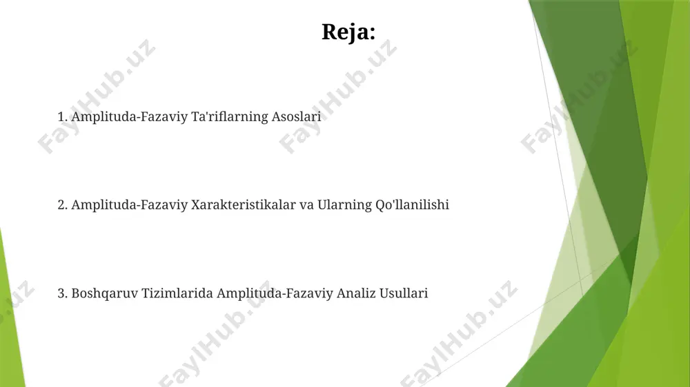 faza chegarasi 45° dan katta bo'lishi kerak. nyquist diagrammasida ochiq ko'cha tizimining chastota xarakteristikasi tasvirlanadi va -180° dan o'tadigan kesishishlar tizimning beqarorligini ko'rsatadi. bu kesishishlar soni tizimning beqaror qutblar sonini aniqlashda muhim rol o'ynaydi. barqarorlik analizi barqarorlik chegarasi, odatda, faza chegarasi va amplituda chegarasi sifatida ifodalanadi, bu yerda faza chegarasi -180° dan kam, amplituda chegarasi esa 1 dan katta bo'lishi kerak. nyquist mezoniga ko'ra, ochiq tizimning chastota xarakteristikasi -1 nuqtasini o'ng tomondan chap tomonga aylanib o'tgan aylanishlar soni tizimning barqarorlik chegarasini aniqlaydi. amplituda-fazaviy tasvirlarning asosi amplituda va faza xarakteristikalari bode diagrammasi yordamida grafik ko'rinishda tasvirlanadi, bu yerda 20log|g(jw)| va arg[g(jw)] funksiyalari chastotaga nisbatan chiziladi. fazaviy o'zgarishlarni tahlil qilish orqali tizimdagi kechikishlarni (masalan, 10ms, 50ms) aniqlash va ularning umumiy tizim samaradorligiga ta'sirini aniqlash mumkin. e'tiboringiz uchun rahmat @taqdimot_robot image1.jpg image2.jpg image3.jpg image4.jpg image5.jpg image6.jpg image7.jpg