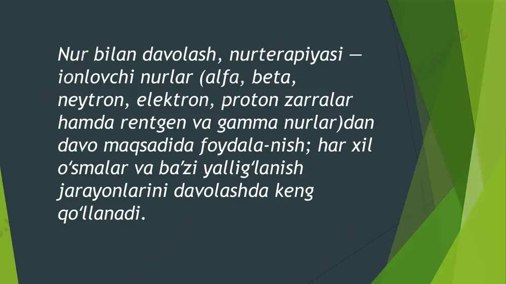 energiyasiga aylanadi (qarang radiotoʻlqinlar); 3) tabiiy sharoitda tirik organizmga infraqizil, koʻrinadigan va ultrabinafsha nurlarning biologik taʼsiri. tirik organizm kos-mik nurlar va ion nurlari bilan ham nurlanadi. davolash maksadida tirik organizm ultrabinafsha, ultrayukrri chastotali nurlar bilan sunʼiy nurlantiriladi. n.ning total (toʻla), lokal (qisman), tez (qisqa vaqt ichida), xronik (uzoq vaqt davomida), tashqi, ichki va boshqa xillari mavjud. nurlarning biologik taʼsiri n. dozasi, xili, energiyasi va organizmning fiziologik holatiga bogʻliq. n.dozalari — nurlarning biror muhitga taʼsirini belgilovchi miqdorlar. bir necha turlari mavjud. yutilgan doza — nurlanayotgan muxitning massa birligiga yutiladigan n. energiyasi; ionlashtiruvchi nurlar (rentgen 7-nurlar, a - va r -zarralar, neytronlar, kosmik nurlar va h. k.)ning muhitda yutilgan dozalari radlarda ifodalanadi. nurlantirish dozasi — n. miqdorini ifodalaydigan va havoning tonlanishi bilan oʻlchanadigan miqdor, rentgen va u-nurlari rentgenlarda, boshqa ionlashtiruvchi nurlar esaberlarda ifodalanadi. image1.png image2.png image3.png image4.png image5.png image6.png /docprops/thumbnail.jpeg