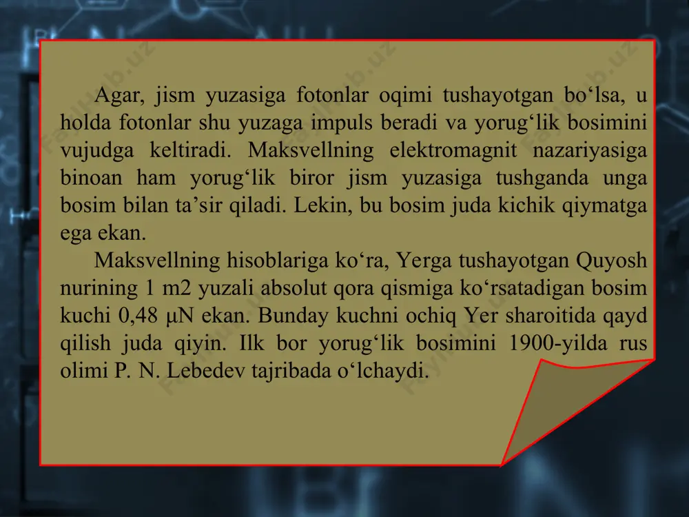 sohada zaryadlarning ajralishi ro‘y beradi. hosil bo‘lgan maydon ta’sirida elektronlar n-sohaga, kovaklar p-sohaga haydaladi. hosil bo‘lgan eyuk o‘rtacha hisobda 0,5 v gacha bo‘ladi. 1 cm2 yuzali bunday element iste’molchiga ulanganda 25 ma gacha tok beradi. kremniyli fotoelementlar sezgirligi yashil nurlar uchun maksimum, ya’ni quyosh nurlanishining maksimal qismiga to‘g‘ri keladi. shuning uchun ular yuqori fikga ega bo‘lib, odatda, 11–12 %, yuqori sifatli materiallarda 21– 22 % ga bo‘radi. quyosh batareyalari yerdagi quyosh elektrostansiyalaridan tashqari, yerning sun’iy yo‘ldoshlari va kosmik kemalarda elektr energiya manbayi sifatida xizmat qiladi. ichki fotoeffektga asoslangan va eng ko‘p qo‘llaniladigan asboblardan biri yorug‘lik diodlari (yarimo‘tkazgichli lazerlar)dir. bu bir yoki bir nechta p– n o‘tishga asoslangan diod bo‘lib, undan elektr toki o‘tganda o‘zidan yorug‘lik chiqaradi. bu diod materialida elektronlarning miqdori hamda harakatchanligi kovaklarga nisbatan kattaroq bo‘ladi. elektronlar n-sohadan p-sohaga o‘tganda kovaklar bilan rekombinatsiyalashib, o‘zlaridan ortiqcha energiyani nur sifatida chiqaradi. yarimo‘tkazgich materialining turiga bog‘liq holda nurlanish rangi turlicha bo‘ladi. o‘zbekiston …
