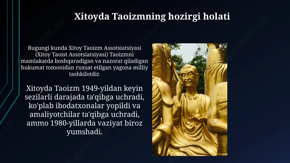 m musiqaga ta'sir ko'rsatib, meditatsiya va marosimlarda ishlatiladigan tinchlantiruvchi ohanglar yaratilishiga sabab bo'lgan, shu jumladan 12 ta rasmiy kuy mavjud. taoizm me'morchilikka, xususan bog'lar dizayniga ta'sir qilgan, ular *feng shui* tamoyillariga muvofiq tartibga solingan, 8 trigram yordamida. taoizmning tarixiy ildizlari taoizm miloddan avvalgi vi asrda laozi (lao tzu) tomonidan asos solingan, u «daodejing» asarida tao (yo'l) falsafasini ifodalagan. taoizmning ildizlari qadimgi xitoy xalq e'tiqodlari va shamanistik amaliyotlarida mujassam, xususan, o'lmaslikka erishish g'oyasi mavjud. e'tiboringiz uchun rahmat @slaydtayor_bot image2.jpg image3.jpg image4.jpg image5.jpg image6.jpg image7.jpg image8.jpg image9.jpg image10.jpg image11.jpg image12.jpg image13.jpg image14.jpg image15.jpg image16.jpg image17.jpg image18.jpg