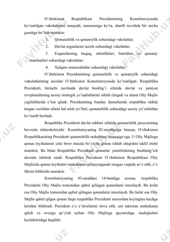 ’z e`tirozlarini ilova etib, uni takroran muhokama qilish va ovozga qo’yish uchun oliy majlisga qaytarishga, tasdiqlashni kechiktirishga haqlidir. agar oliy majlis o’zi qabul qilgan qonunni ilgarigi holatda deputatlarning uchdan ikki qismining ovozi bilan tasdiqlasa, prezident qonuni imzolaydi. prezidentning qonuniylik sohasidagi faoliyati qonuniylikni ta`minlashda ishtirok etuvchi organlarni tuzishda, ularning faoliyatini nazorat qilib turishda o’z ifodasini topadi. respublika prezidenti respublika bosh prokurori va uning o’rinbosarlarini tayinlaydi va lavozimidan ozod qiladi, ularning qonunlarning bajarilishini ta`minlash sohasidagi faoliyatini nazorat qiladi. bundan tashqari, respublika prezidenti fuqarolarning huquqlari va erkinliklariga, konstitutsiya va davlat qonunlariga amal qilinishiga, davlat organlari va mansabdor shaxslarning qonunchilikni amalga oshirishlariga kerakli sharoitlar yaratadi. o’zbekiston konstitutsiyasida respublika prezidentiga davlat organlarini tuzish, ularning rahbarlarini tayinlash borasida katta vakolatlar berilgan. bunda ularning ayrimlarini respublika prezidenti bevosita o’zi tuzadi yoki ularni tuzish, tayinlash, saylash, tasdiqlash uchun tavsiya qiladi. prezident o’zbekiston konstitutsiyaviy sudining raisi va a`zolari, oliy sud raisi va a`zolari, oliy xo’jalik sudi raisi va a`zolari …