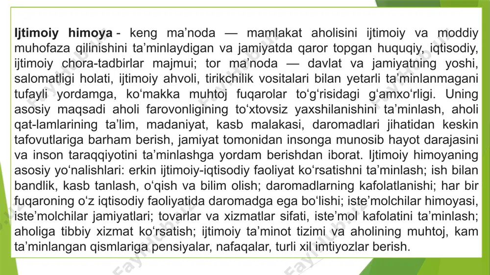 necha bor oshirildi 1994-yilga kelib, o‘zbekistonda aholini ijtimoiy himoyalash tizimi tubdan o‘zgartirildi. ijtimoiy ko‘mak berishning mutlaqo yangi ilg‘or tizimi shakllantirildi. bu tizimning mohiyati shundan iboratki, bolalar va kam daromadli oilalar bu yordamdan bahramand bo‘luvchi asosiy kishilar bo‘lib qoldi. 1994-yilning sentabridan boshlab, barcha bolali oilalar uchun yagona nafaqa joriy etildi. bunday yordam odamlarga yaqin turadigan mahalla yig‘inlarida amalga oshiriladigan bo‘ldi 1996-yildan boshlab 16 yoshgacha bolalari bo‘lgan barcha oilalarga beriladigan har oylik nafaqalar ko‘paytirilib, bu nafaqalar bolalarning soniga qarab quyidagi miqdorda belgilandi: bir bolali oilalarga – eng kam ish haqining 30%; ikki bolali oilalarga – eng kam ish haqining 60%; uch bolali oilalarga – eng kam ish haqining 80%; to‘rt bolali oilalarga – eng kam ish haqining 100%; besh va undan ko‘proq bolali oilalarga – eng kam ish haqining 120% 20 1996-yil dekabrda «bolali oilalarni davlat tomonidan qo‘llab-quvvatlashni yanada kuchaytirish to‘g‘risida» yana bir muhim farmon qabul qilindi. 1997-yildan boshlab yordamga muhtoj, bolali …
