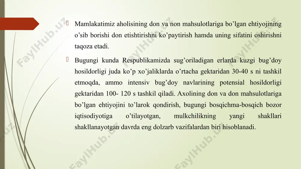 oqsilga boy bo‘lsa-da, serkletchatkadir. donning eng qimmatli qismi un yadrosi bo‘lib, unda oqsil va kraxmal ko‘p. murtakdaoqsil, mineral moddalar, vitaminlar va hiyla ko‘p yog‘ bo‘ladi, yog‘ esa havodagi kislorod ta’sirida achiydi. yormaning oziqlilik qiymati. yormaning oziqlilik qimmati ulardagi oqsil, uglevod, yog‘, mineral moddalar va vitaminlarning miqdoriga bog‘liq. yorma tarkibida oqsil — 8—12%; kraxmal — 65—78%, yog‘ — 0,3—9%, mineral moddalar 2% gacha bo‘ladi, shuningdek, ko‘p miqdorda b1, b2, pp, e singari vitaminlar ham mavjud.yormaning ko‘pgina turi lazzatli, nisbatan yuqori kaloriyali bo‘lib, yaxshi hazm bo‘ladi. bug’doy yormasi. bug‘doy yormasi. bug‘doy eng qimmatli don ekinlaridan hisoblanadi. ekilish vaqtiga qarab, u kuzgi va bahorgi, tuzilishiga qarab esa yumshoq va qattiq turlarga bo‘linadi. bug‘doyning qattiq turi yumshog‘iga ko‘ra qimmatroq yuradi, chunki unda oqsil moddalar ancha ko‘p bo‘ladi. qattiq bug‘doy doni shishasimon, cho‘ziqroq, yumshoq bug‘doy esa unli, shakli yumaloq bo‘ladi. bug‘doydan manniy yormasi hamda silliqlangan bug‘doy (poltavskiy va artek) yormasi ishlab chiqariladi. qora bug’doy yormasi. …
