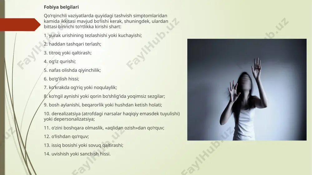 i yanada umumiyroq shaklda bo‘lishi mumkin — notanish yoki ozgina tanish bo‘lgan, qarindosh bo‘lmagan odamlar bilan muloqot qilishdan qo‘rqish. ijtimoiy fobiyalar odatda past o‘zini baholash va tanqiddan qo‘rqish bilan qo‘shilib keladi — «menga qarashadi va hukm qilgandek tuyuladi», «odamlar nima deydi», «menda nimadir noto‘g‘ri», «menga qarashyapti va meni butunlay ahmoq deb o‘ylashyapti». bundan tashqari, ba’zan asosiy shikoyat maxsus fobik simptomlar bo‘lib qoladi, masalan, siydikka chiqish istagi, soxta ich ketish — «ayiq kasalligi», shuningdek, hatto vahima xurujlarigacha bo‘lgan simptomlar. spesifik (izolyatsiyalangan) fobiyalar — bu aniq vaziyatlardan qo‘rqishdir: hayvonlardan, balandlikdan, samolyotda parvoz qilishdan, qorong‘ulikdan, chaqmoq va momaqaldan, stomatologlardan, qondan, kasallikka chalinishdan, imtihonlardan qo‘rqish, klaustrofobiya — yopiq joylardan (liftlardan, chiqib bo‘lmaydigan vaziyatlardan va boshqalardan) qo‘rqish. bu fobiyalar odamlarda odatda erta — bolalik yoki o‘smirlik davrida paydo bo‘ladi va agar ularga e’tibor berilmasa, uzoq vaqt davomida saqlanib qoladi. yuqorida sanab o‘tilganlar — inson fobiyalarining asosiy va keng tarqalgan turlaridir. ammo ba’zan aralash fobiyalar ham …