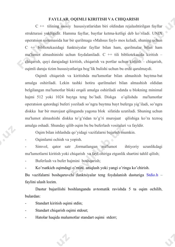 iyasi quyidagi ko’rinishga ega; =foren( , ) misol uchun:fp=fopen(“t.tnt”, “r”) oqim bilan bog’lik faylni qo’yidagi rejimlarda ochish mumkin: “ w”- yangi fayl o’qish uchun ochiladi. agar fayl mavjud bo’lmasa yangidan yaratiladi. “r” - mavjud fayl faqat o’qish uchun ochiladi. “a” - fayl da'vom ettirish uchun ochiladi. “wt” - fayl yozish va keyingi tahrirlash uchun ochiladi. fayl ihtiyoriy joyidan o’qish yoki yozish mumkin. “rt”- fayl ihtiyoriy joyidan o’qish yoki yozish mumkin, lekin fayl ohiriga qo’shish mumkin emas. “at” - fayl ihtiyoriy joyidan o’qish va yozish uchun ochiladi “wt” rejmdan farqli fayl ohiriga ma'lumot qo’shish mumkin. oqimdan o’qilgan qo’yidagi simvollar cr(13)-naryat nomi qaytarish rf(10)-“yangi qator” boshiga o’tish bitta simvolga “\n” (10) / agar fayl emas ihtiyoriy bulsa, binar rejimda ochiladi. buning uchun rejimlar- harfi qo’shiladi “wb” yoki “rtb”. ba'zi matnli rejim t harifi yordamida ko’rsatiladi masalan “yoki”rt”. oqim ochilganda quyidagi hatolar kelib chiqishi mumkin:ko’rsatilgan fayl mavjud emas(o’kish rejimida); disk to’la yoki yozishdan …