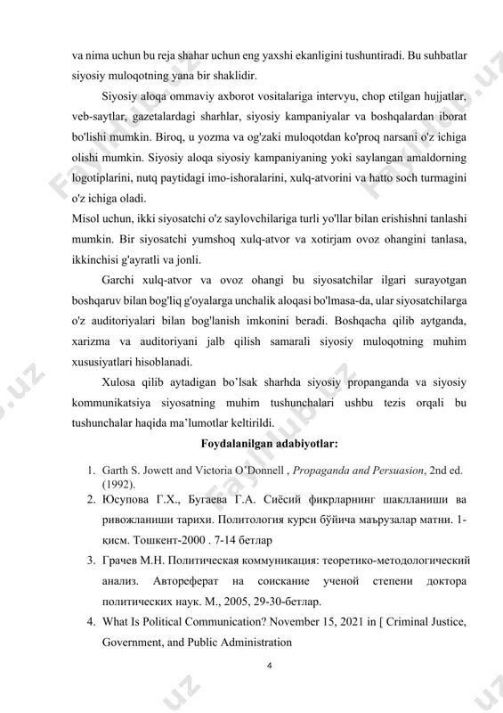 . saylangan amaldor ommaviy axborot vositalariga intervyularda qatnashadi va nima uchun bu reja shahar uchun eng yaxshi ekanligini tushuntiradi. bu suhbatlar siyosiy muloqotning yana bir shaklidir. siyosiy aloqa ommaviy axborot vositalariga intervyu, chop etilgan hujjatlar, veb-saytlar, gazetalardagi sharhlar, siyosiy kampaniyalar va boshqalardan iborat bo'lishi mumkin. biroq, u yozma va og'zaki muloqotdan ko'proq narsani o'z ichiga olishi mumkin. siyosiy aloqa siyosiy kampaniyaning yoki saylangan amaldorning logotiplarini, nutq paytidagi imo-ishoralarini, xulq-atvorini va hatto soch turmagini o'z ichiga oladi. misol uchun, ikki siyosatchi o'z saylovchilariga turli yo'llar bilan erishishni tanlashi mumkin. bir siyosatchi yumshoq xulq-atvor va xotirjam ovoz ohangini tanlasa, ikkinchisi g'ayratli va jonli. garchi xulq-atvor va ovoz ohangi bu siyosatchilar ilgari surayotgan boshqaruv bilan bog'liq g'oyalarga unchalik aloqasi bo'lmasa-da, ular siyosatchilarga o'z auditoriyalari bilan bog'lanish imkonini beradi. boshqacha qilib aytganda, xarizma va auditoriyani jalb qilish samarali siyosiy muloqotning muhim xususiyatlari hisoblanadi. xulosa qilib aytadigan bo’lsak sharhda siyosiy propanganda va siyosiy kommunikatsiya siyosatning …
