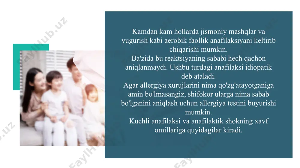 afas qisilishi va kuchsizlanish kuchayadi. ikkinchi daraja o'rtacha. anafilaktik shok uchun, bu holda, engil daraja bilan solishtirganda, batafsilroq klinik ko'rinish xarakterlidir. u quincke shishi bilan namoyon bo'ladi (bu inson organizmidagi toshmalar bilan kechadigan o'tkir allergik reaktsiya, to'qima shishi bilan birga keladi), yurak urishi, aritmiya, yurakdagi og'riq va qon bosimining pasayishi. bemorda ko'pincha kon'yunktivit va stomatit mavjud. bemorda hayajon, tashvish va qo'rquv hissi paydo bo'lishi mumkin e'tiboringiz uchun raxmat! 11 image1.jpeg image2.jpeg image3.jpeg image4.jpeg image5.jpeg image6.jpeg image7.jpeg