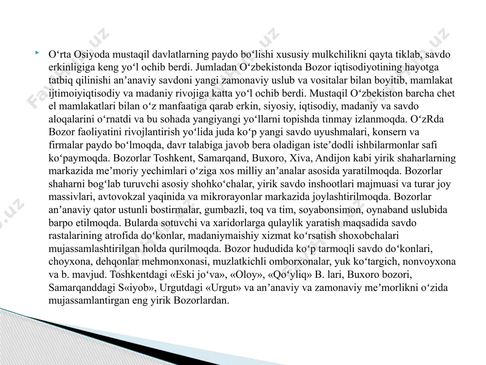 ) samara darajasida ob’yektiv sodir boʻluvchi bozor tovarlari boʻyicha iqtisodiy-huquqiy munosabatlari muhiti boʻlib, unda taraflarning nafsiy manfaatlari talab va taklif asosida shakllanadigan ob’yektiv narxlarda qondiriladi. bozor- bu xaridorlar bilan sotuvchilar oʻrtasidagi iqtisodiy aloqalar, ularni bir-biriga bogʻlaydigan mexanizmdir. yuqridagini anglash qiyonroq boʻlsa-da, u bozor tushunchasini kengroq ochib beradi. hozirgi paytda, ayniqsa, bir-biri bilan bogʻlanib ketgan, integratsiyalashgan bozor sharoitida, qanday tovar ishlab chiqarish kerakligi, qancha, kim uchun va qaysi hududda ishlab chiqarish kerakligi haqida maʼlumotning yagona manbasi-bozordir. bozor bilan hisoblashmagan xaridor va sotuvchi yutqazadi.puldan yutqazadi! puldan ajralish eng katta qaygʻu boʻlgan zamonda, bozorga eʼtiborsiz boʻlmoqlik- «oʻlim» demakdir. kundalik hayotda biz sotib olish yani "bozor" so'zini tez-tez uchratamiz. bozor bu - tovarlarni sotib olish va sotish joyi. sotib olish bu eng sodda, ammo ayni paytda bozorni yuzaki tushunishdir. ammo ilmiy hayotda bozorda harid qilish - bu xaridor (talabni etkazib beruvchilar) va sotuvchilar (etkazib beruvchilar) o'rtasidagi ishlab chiqarilgan tovarlar va xizmatlarning butun massasini almashish …