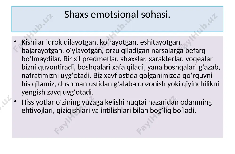 atni yuzaga keltiradi. emotsiya harakatlari juda koʻp tana oʻzgarishlarda ifodalanadi. odam organizmidagi oʻzgarishlar kechirilayotgan hissiyotning ob'ektiv koʻrsatkichi hisoblanadi. moslashish xarakteriga oid boʻlgan, ya'ni ovozning oʻzgarishi, mimika, imo-ishora, organizmda sodir boʻladigan jarayonning qayta oʻzgarishidan iborat ixtiyorsiz va ongli harakatlar psixologiyada emotsional harakatlarning ekspressiv tomoni deb ataladi. shaxs emotsional sohasining rivojlanishi. oʻqish jarayonida bolaning yoshi kattalashib, tajribasi orta borgan sari, oqilona urinchoqlik rivoj topa boradi. bu his odamning ilmiy tadqiqot ishlari bilan samarali shugʻullanishini ragʻbatlantiradi. bilishga qiziqish maktabgacha tarbiya yoshidagi bolalarga xos boʻlgan xususiyatlardandir. bilishga qiziqish kichik maktab 383 davrida oʻziga xos yoʻnalishni oladi.ular har bir oʻrgangan narsalariga taajjublanish bilan qaraydilar. taajjublanish hissi. kichik maktab yoshidagi bolalarda bunday his ularga qandaydir odatdan tashqari, noma'lum biror narsa ta'sir qilganida tugʻiladi. boshlangʻich sinf oʻquvchilari kutilmagan voqеalar sodir boʻlganida ulardan taajjublanadilar. bilish jarayonida taajjublanish hissi xursandlik tariqasida oʻtadi. bu hol samarali bilish faoliyatining doimiy yoʻldoshidir. image1.jpeg image2.jpeg image3.jpeg /docprops/thumbnail.jpeg
