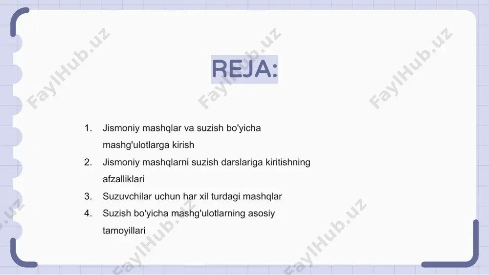 h kabi turli xil mashqlar suzuvchilarga suvda samaraliroq bo'lishga yordam beradi. erkin mashq mashqlari qo'llarni tortish va zarbalarni yaxshilashga qaratilgan bo'lsa, tepish maqsadli oyoq kuchi va chidamliligini belgilaydi. qon tomirlarini to'g'rilash mashqlari suzuvchilarga o'z texnikasini yaxshilashga va suvda tortishni kamaytirishga yordam beradi. umuman olganda, suzish bo'yicha mashg'ulotlarga turli xil mashqlarni kiritish suzuvchilarning ish faoliyatini oshirishi va ularning maqsadlariga erishishiga yordam beradi. jismoniy mashqlar va mashg'ulotlarning asoslarini tushunib, suzuvchilar hovuzdagi imkoniyatlarini maksimal darajada oshirishlari mumkin. suzish bo'yicha mashg'ulotlarning asosiy tamoyillari suzish darslarida optimal ishlash uchun jismoniy mashqlar va mashg'ulotlar asoslarini tushunish juda muhimdir. bu jismoniy tayyorgarlik va texnikani takomillashtirish kombinatsiyasini o'z ichiga oladi. suzish bo'yicha mashg'ulotlarning asosiy tamoyillari to'g'ri isinish, sovutish va cho'zish tartiblarini o'z ichiga oladi. chidamlilik, kuch va texnikaga qaratilgan tuzilgan reja taraqqiyot va muvaffaqiyat uchun juda muhimdir. suzish darslarini tayyorlashda izchillik muhim ahamiyatga ega. muntazam mashq qilish, to'g'ri ovqatlanish va dam olish - kerakli natijalarga erishish va charchash …