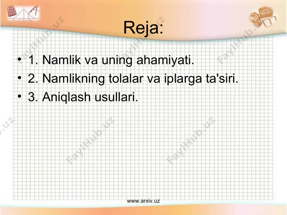 achilik mahsulotlari konditsion og`irlik bilan olinadi. + m100 + wem,, - maxsulotning og`irligi wc – haqiqiy namligi mk - konditsion og`irligi wt - konditsion namligi tola va iplar namlikni har xil tortib oladi, bunga qarab fizik-mexanik xossalari o`zgaradi. agar paxta tolasidan olingan kalava ipni suvga bir oz vaqtga solib www.arxiv.uz www.arxiv.uz qo'ysak, ularni mustahkamligi oshadi 18-20% viskoza tolasidan olingan kalava iplar esa 50-60% ustahkamligini yo`qotadi. 50 % gacha www.arxiv.uz www.arxiv.uz sintetik iplarning mustahkamligi o`zgarmaydi. bu ularning tuzilishiga bog`liq. paxta tolasi suvga solinmasdan oldin suvda ushlangandan keyin namlikni aniqlash usullari . konditsion_apparat - ak - 2. namuna issiq havo bilan quritiladi, bir vaqtda 6 namuna quritish mumkin. birinchi tortilishi 30 min; namuna og`irligini aniqlash bilan boshlanadi. keyingilari har 15 minutdan keyin. bunda biz namuna namlikni kamayishi aniqlashimiz mumkin va grafik chizishimiz mumkin. www.arxiv.uz www.arxiv.uz 2. quritilishi shkaflarda va elektrovlagomer - asbobida. bu usul bilan olingan natijalar, ko`p xatoga ega bo`ladi, chunki …