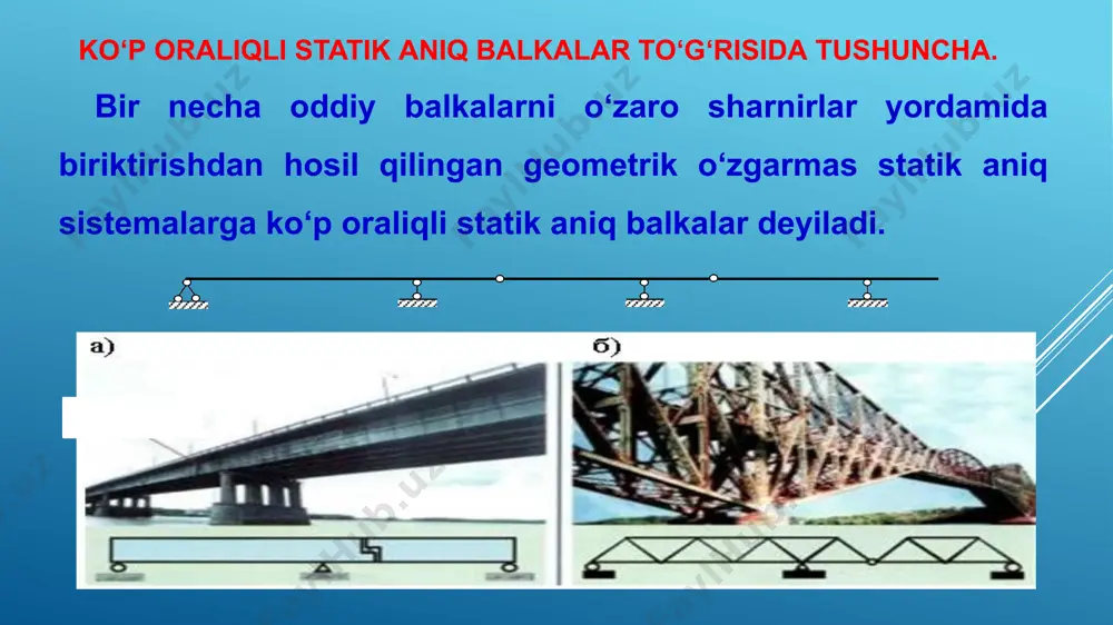 epyuralari chizilgandan so‘ng ular bir koordinatalar sistemasiga keltirilib, ko‘p oraliqli balka uchun umumiy eguvchi moment va ko‘ndalang kuch epyuralari quriladi va tekshiriladi. ko‘p oraliqli statik aniq balkalarni qo‘zg‘almas tashqi yuklarga hisoblash. ko‘p oraliqli statik aniq balkalarni qo‘zg‘almas tashqi yuklarga hisoblash. xulosa statik aniqmas balkalarni hisoblash muhandislik sohasida muhim masalalardan biri hisoblanadi. statik aniqmas balkalar, ya'ni yuklanish va qo'llab-quvvatlash shartlari bo'yicha to'liq aniqlik yetishmagan holda, ortiqcha bog'langan tizim sifatida tasniflanadi. bu turdagi balkalarni hisoblash murakkab hisob-kitoblar talab qiladi va ko'pincha qo'shimcha nosimmetriklik yoki deformatsion usullar talab etiladi. statik aniqmas balkalar ko'pincha ortiqcha bog'lanish darajasi bilan ajralib turadi. bu esa ularning barqarorligini oshirishga yordam beradi, lekin hisoblash jarayonida qo'shimcha ma'lumotlar va metodlardan foydalanishni talab qiladi. hisoblash jarayonida ta'sir qiluvchi kuchlar, momentlar va reaksiya kuchlari aniqlanadi va bu ma'lumotlar asosida balkalarning deformatsiyalari va ichki kuchlanishlari hisoblab chiqiladi. foydalanilgan adabiyotlar s.a. guzey, r.a. nigmatullin - statika va qurilish mexanikasi - "moskva nashriyoti", 2010. v.a. …