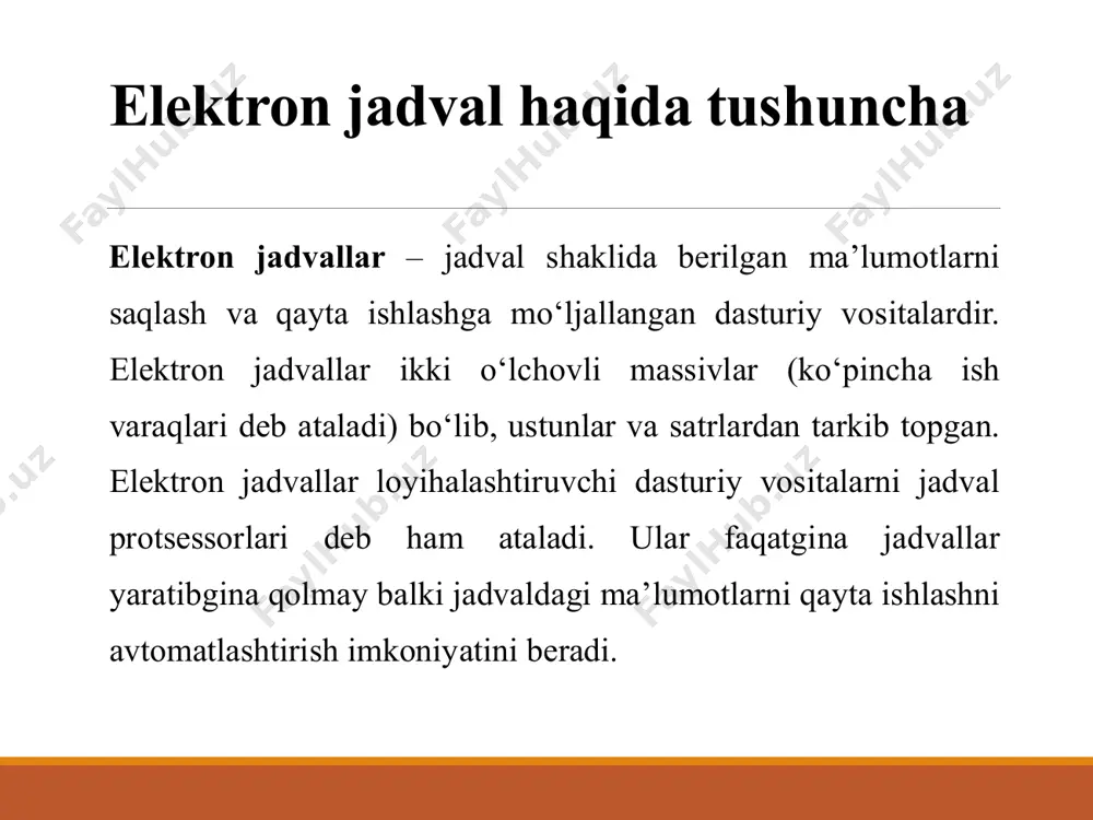 tiladi. jadvaldagi hi sob lash lar formulalar yordamida bajariladi. formula matematik operatorlar, qiymatlar, katak va funksiyalar nomiga tayanishlardan tashkil topishi mumkin. formula tenglik belgisi dan boshlanadi. formulada arifmetik operatorlar + - * / ishlatilishi mumkin. hisoblashlar tartibi oddiy matematik konunlar bilan belgilanadi. formulalar misollari: =(a4+v8)*s6, =f7*s14+b12. kataklar guruhiga murojaat qilish uchun maxsus belgilardan foydalaniladi: : (ikki nuqta) - kataklar blokiga murojaat qilishni shakllantiradi. ikki nuqta orqali blokning chap yuqori va o‘ng pastki kataklari ko‘rsatiladi. masalan: s4:d6 -s 4 , s5, s6, d4, d5, d6 kataklariga murojaat qilish. ; (nuqtali vergul) - kataklar birlashmasini ifodalaydi. misol uchun, d2:d4;d6:d8 ~d2, d3, d4, d6, d7, d8 kataklariga murojaat qilish. katakga formulani kiritish uchun '=' belgisini va hisoblash uchun formulani kiritish zarur. enter klavishasini bosgandan so‘ng katakda hisoblash natijasi pay do botadi. aifmetik ifodalarda quyidagi arifmetik amallardan foydalanish mumkin: + - qo‘shish; - - ayirish; * - ko'paytirish; / - bo‘lish; л - darajaga …