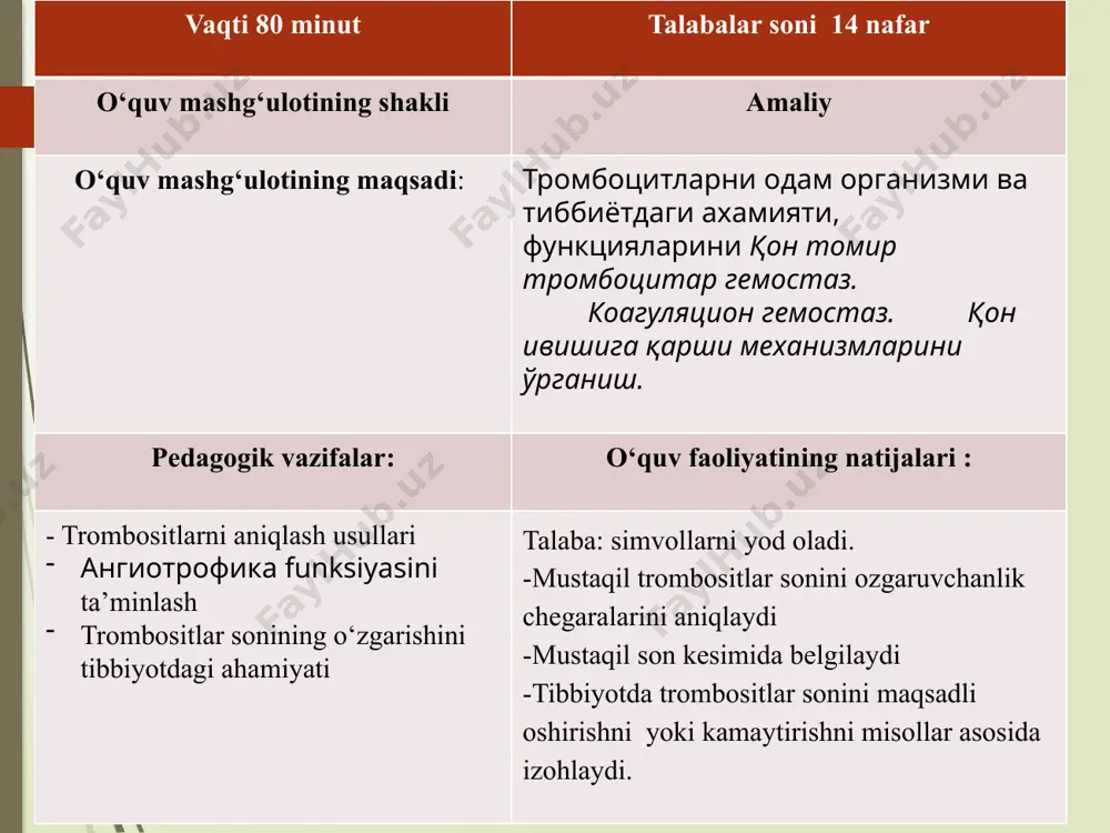 b raqamlari (r1, r2 va б.) bilan belgilanadi. bulardan ahamiyatlilari r3 yoki tromboplastin, xujayra membranasining bir parchasi; r4 yoki antigeparin omili; r5 yoki trombotsitar fibrinogeni; r6 yoki (aktomiozinga o‘xshash) trombastenin oqsili; r10 yoki qon – tomirni toraytiruvchi omil-serotonin, r11 yoki tromboksan hujayra membranasida (jumladan, trombotsitlar membranasida ham) tromboksansintetaza fermenti ta’sirida araxidin kislotasidan sintezlanadi va atf bilan kompleks hosil qilib qon ivishida ishtirok etadi. trombotsitlar yuzasida retseptor vazifasini o‘tovchi glikoprotein tuzilmalar mavjud. ularning bir qismi «berk holat»da bo‘ladi va trombotsitlar adf, adrenalin, kollagen, mikrofibrillari ta’sirida aktivlashganda ochiladi. gemostaz tizimi. qon tomirlarda qon suyuq holatda xarakatda бўлади. қон tomirlar jarohatlanganda uning bir butunligi buziladi, natijada qon iviydi. bu holatni organizmning qonning agregat holatini boshqaruvchi tizimi ta’minlaydi. qonning agregat holatini boshqarish jarayoni qon ivishini ta’minlovchi va ivishga qarshi omillar, fibrinolitik tizimlar kabi murakkab mexanizmlardan iboratdir. mazkur tizimning birorta funksional holati o‘zgarsa, boshqa tizimlarda kompensator siljishi kuzatiladi. 1-jadval қon ivish механизмлари.қон ivishi ( gemokoagulyatsiya …
