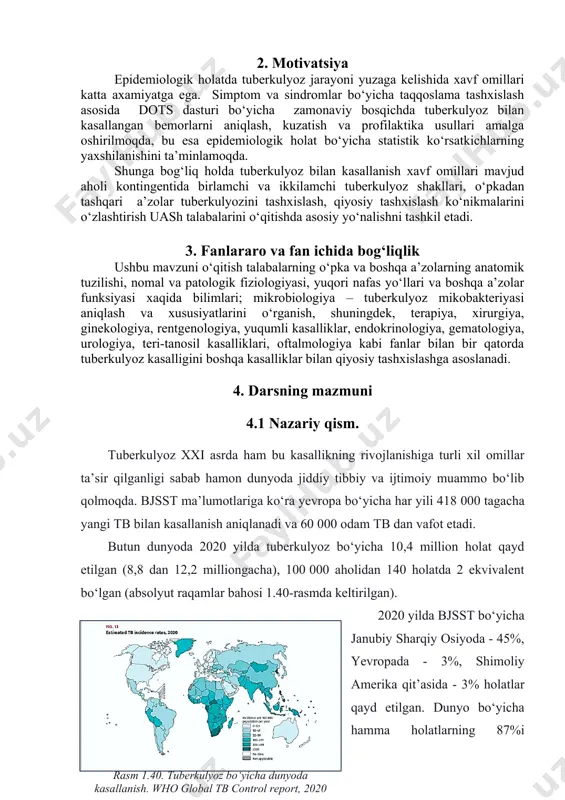 enogramma majmuasi. baxolash usullari va vositalari blis-surov, test utkazish, ukuv mashguloti natijalari prezentatsiyasi, tibbiy kartalarni tuldirish, «balgam surtmasini tayyorlash» amaliy kunikmasini bajarish 2. motivatsiya epidemiologik holatda tuberkulyoz jarayoni yuzaga kelishida xavf omillari katta axamiyatga ega. simptom va sindromlar bo‘yicha taqqoslama tashxislash asosida dots dasturi bo‘yicha zamonaviy bosqichda tuberkulyoz bilan kasallangan bemorlarni aniqlash, kuzatish va profilaktika usullari amalga oshirilmoqda, bu esa epidemiologik holat bo‘yicha statistik ko‘rsatkichlarning yaxshilanishini ta’minlamoqda. shunga bog‘liq holda tuberkulyoz bilan kasallanish xavf omillari mavjud aholi kontingentida birlamchi va ikkilamchi tuberkulyoz shakllari, o‘pkadan tashqari a’zolar tuberkulyozini tashxislash, qiyosiy tashxislash ko‘nikmalarini o‘zlashtirish uash talabalarini o‘qitishda asosiy yo‘nalishni tashkil etadi. 3. fanlararo va fan ichida bog‘liqlik ushbu mavzuni o‘qitish talabalarning o‘pka va boshqa a’zolarning anatomik tuzilishi, nomal va patologik fiziologiyasi, yuqori nafas yo‘llari va boshqa a’zolar funksiyasi xaqida bilimlari; mikrobiologiya – tuberkulyoz mikobakteriyasi aniqlash va xususiyatlarini o‘rganish, shuningdek, terapiya, xirurgiya, ginekologiya, rentgenologiya, yuqumli kasalliklar, endokrinologiya, gematologiya, urologiya, teri-tanosil kasalliklari, oftalmologiya kabi …