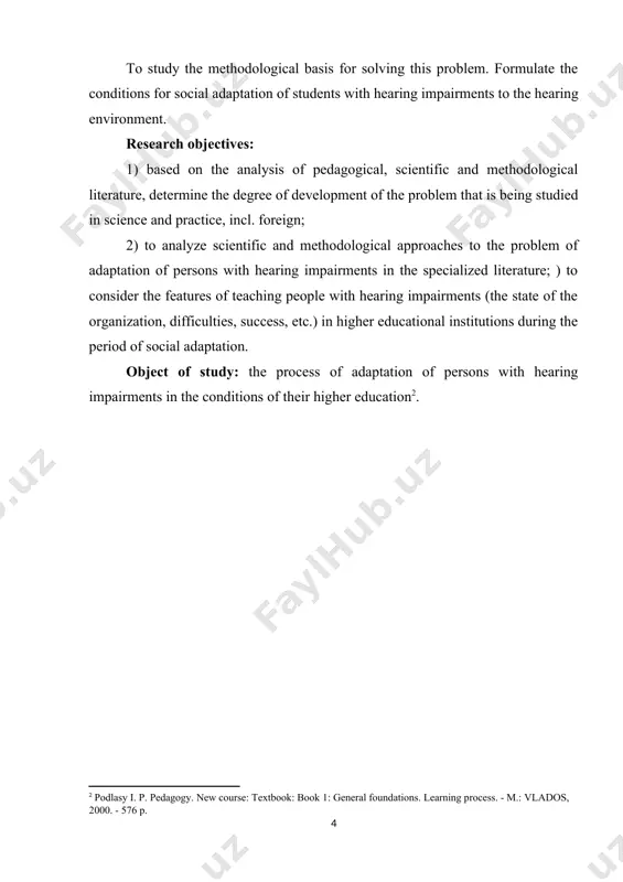 edagogy. new course: textbook: book 1: general foundations. learning process. - m.: vlados, 2000. - 576 p.] chapter 1. scientific approaches to the problem of adaptation of students with hearing impairments in conditions of inclusive education the problem of adaptation of persons with hearing impairments has passed a significant historical path from total physical destruction since antiquity to their integration into modern society. the development of philosophical and medical, as well as pedagogical knowledge, contributed to the scientific understanding of the mental development of children with psychophysical defects. the psychology of a person with disabilities in recent years has received a broad definition separately due to the development of the theoretical and methodological base and the training of highly professional psychologists in the field of special psychology. for the first time, the term "adaptation" was used by the austrian physician, psychologist, founder of individual psychology a. adler, who understood adaptation …