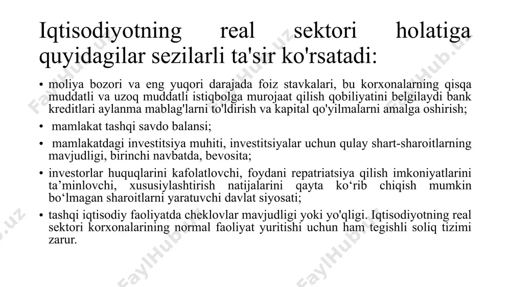 romadlari., o‘n ikkinchidan, milliy valyuta kursi., o‘n uchinchidan, tashqi savdo va to‘lov balansi. s=i sp + sg + sx = (y + tr + n - t ) - s + ( t - t r - n )) - g + (-xn) yoki sp + sd + sx = y - s - g - xn s = c + i + g - x n - c - g - x n s = i faraz qilaylik misol uchun iqtisodiyotda uchta apelsin va to‘rtta olma ishlab chiqariladi. biz yaimni qanday hisoblaymiz? ko‘plab tovarlarni ishlab chiqarish bir qancha bosqichlardan o‘tadi: bir firmada xom ashyo oraliq mahsulotlarga aylanadi va keyin boshqa firmaga tayyor mahsulot ishlab chiqarish uchun sotiladi. bunday tovarlarni yaimni hisoblashda qanday hisobga olishimiz lozim? faraz qilaylik fermer makdonaldsga 0.50 dollarga go‘shtning chorak funtini sotadi, makdonalds esa keyin sizga gamburgerlarni 1.50 dollardan sotadi. yaim da ham go‘shtni, ham gamburgerni …