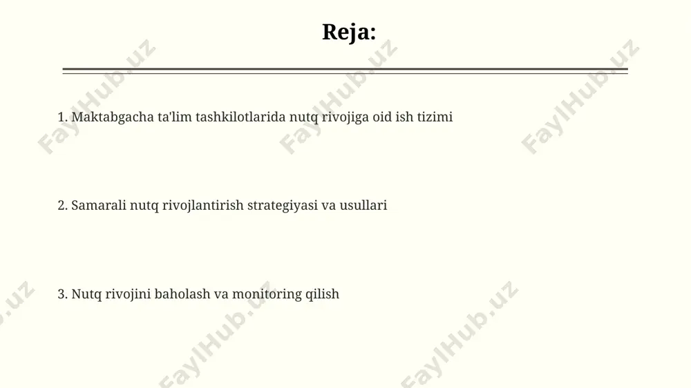 ngi o‘quv usullarini joriy etish rejalari ishlab chiqilishi zarur. maktabgacha ta'lim tashkilotlarida nutq rivojlantirish tizimi ta'lim jarayonida bolalarning nutq faoliyatini rag'batlantirish uchun 80% amaliy mashg'ulotlar, 20% nazariy bilimlarga asoslangan individual yondashuv qo'llanilishi tavsiya etiladi. nutqni rivojlantirish dasturi kamida 3 ta asosiy yo'nalish: fonetika, leksika va grammatika bo'yicha bolalarning yutuqlarini kuzatish va baholash mexanizmlarini o'z ichiga olishi kerak. maktabgacha ta'lim tashkilotlarida nutq rivojlantirishning samarali tizimi yoshga mos 5-7 ta o'yinlarni, 2-3 ta maxsus mashg'ulotlarni va ota-onalar bilan hamkorlikni o'z ichiga oladi. nutqning individual xususiyatlarini hisobga olish nutqning individual xususiyatlarini hisobga olishda, 3 yoshgacha bo'lgan bolalarning lug'at hajmi o'rtacha 500-1000 so'zni tashkil etishi va individual farqlar sezilarli darajada bo'lishi hisobga olinishi kerak. bolaning nutqida 20% dan ortiq fonetik xatoliklar aniqlansa, individual logopedik tuzatishlarni o'tkazish va bolaning nutq apparati holatini tekshirish tavsiya etiladi. nutq rivojlanishining 4 asosiy sohasi (fonetika, leksika, grammatika, pragmatika) har bir bola uchun alohida baholanib, individual ta'lim rejalari tuzilishi zarur. …