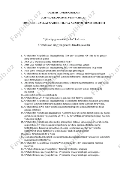o‘zbekistоn eing yangi tаriхi fanidan savollar — DOCX