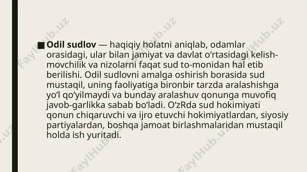davlat mexanizmidagi va jamiyatning siyosiy tizimdagi roli va oʻrni haqidagi masalalarga doir qonunchilik uchun negiz hisoblanadi. prezident islom karimov uqtirganidek, sud islohotini chuqurlashtirish, hokimiyatning mustaqil va qaram boʻlmagan tarmogʻi sifatida butun odil sudlov tizimini demokratlashtirish — huquqiy davlatni mustahkamlashning yana bir muhim yoʻnalishidir. ijtimoiy turmushning demokratik instituti tariqasida sudning ahamiyati jiddiy ravishda oshirilishi zarur. image1.png image2.png image3.png image4.png image5.png /docprops/thumbnail.jpeg