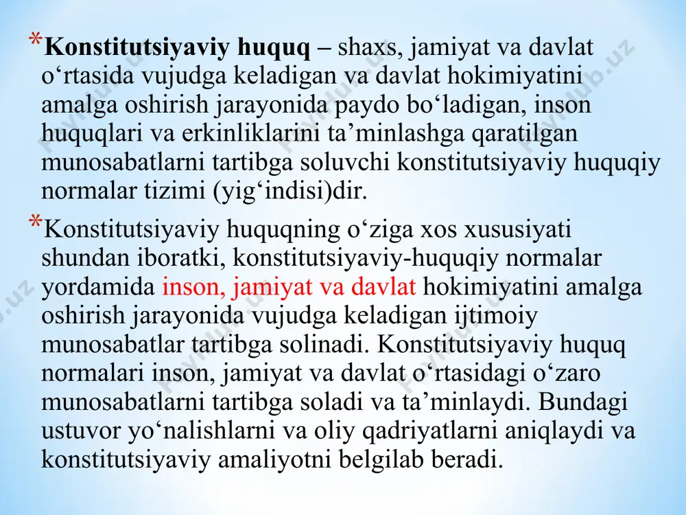 ekspertizadan o‘tkazish. qonunlarga niq va bir xilda rioya etilishi ustidan nazoratni olib borish. jinoyat sodir etgan shaxsga nisbatan davlat ayblovini qo‘llab-quvvatlash. surishtiruv yoki tergov olib borish. huquqiy ahamiyatga ega bo‘lgan hujjatlarni tayyorlashda ishtirok etish. barcha yuristlar uchun huquqiy muammolarga yechim izlash va ular yuzasidan muayyan xulosa yoki qarorga kela olish ko‘nikmasining mavjudgi muhim ahamiyatga ega. bunday muammolar davlat va shaxs o‘rtasida vujudga keladigan munosabatlarga daxldor bo‘lsa muammoning echimini o‘zbekiston respublikasining konstitutsiyasini tadqiq etishdan boshlash zarur. bunda, konstitutsiyaviy normalarning mazmun-mohiyatini tushunish va muayyan vaziyatlarga nisbatan qo‘llashda ularni sharhlay olish ko‘nikmasiga ega bo‘lish talab etiladi. konstitutsiyaviy huquq inson huquqlari bilan bog‘liq muammolar yuzasidan huquqiy maslahatlar berishda, inson huquqlari bilan bog‘liq nizolarni vakolatli davlat organlari va sudlarda ko‘rib chiqib hal etishda, konstitutsiyaviy sud tomonidan o‘zbekiston respublikasining konstitutsiyasi normalarini sharhlashda, qonun hujjatlarini konstitutsiyaga muvofiqligini aniqlashda bilish kerak bo‘lgan eng muhim huquq sohasidir. shuningdek, konstitutsiyaviy huquq fanini mukammal o‘zlashtirish har bir yurist ongida konstitutsiyaning ustunligi …