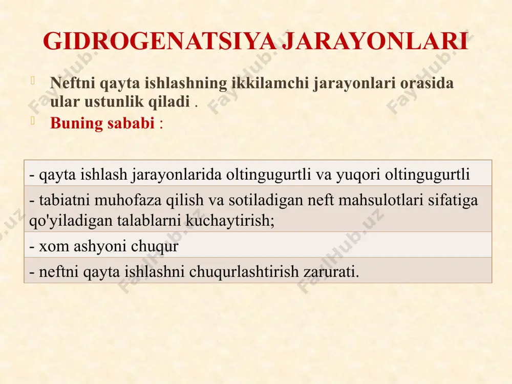 tarkibiga bo'lgan talablar ham kamayadi. asosiy jarayon omillari hidrojenasyon jarayonlari uchun katalizator sifatida metall oksidi ishlatiladi . ( co , ni , mo ) 2) katalizatorlar - ikki funksiyali . - kislota funktsiyasi - oksid a l . geteroatomik birikmalarning parchalanish reaktsiyasi mavjud. - gidrogenlanish reaksiyasi oksidlanish-qaytarilish markazlarida boradi. 2 katalizator katalizatorlar nikel, kobalt, platina yoki palladiy katalizatorlarga gidrohidrogenlash xususiyatini beradi . molibden, volfram va ularning oksidlari n - yarim o'tkazgichlar ( ni , co , pt kabi) va pd ). oksidlanish-qaytarilish reaksiyalariga nisbatan ularning katalitik faolligi ularning yuzasida adsorbsiyani, kimyosorbtsiyani rag'batlantiradigan erkin elektronlar mavjudligi sababli, organik molekulalarning homolitik parchalanishi . mo va w dehidrohidrogenatsiya faolligida ni , co va ayniqsa pt va pd uchun sezilarli darajada past . asosiy jarayon omillari katalizatorlar mo va w sulfidlari p -yarim o'tkazgichlar (teshik). ularning teshik o'tkazuvchanligi heterolitik (ionli) reaktsiyalarning paydo bo'lishini , heteroorganik birikmalarda c-s, c-n va c-o aloqalarining bo'linishini aniqlaydi . …