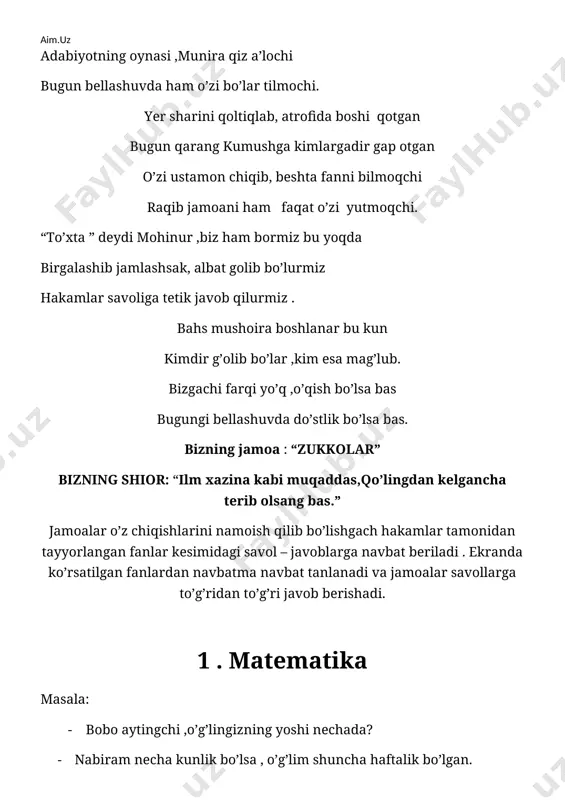 teshik va o’yiqlarni chizmada belgilashda qanday qirqimdan foydalaniladi?(mahalliy qirqimdan) 5. murakkab qirqim turlari: …..(pog’onali va siniq qirqim) 6.aksonometriyada o’lchamlar qaysi tartibda qo’yiladi?(o’lcham chiziqlari aksonometrik o’qlarga parallel chiziladi) 7. detalning asliga qarab qo’lda chiziladigan chizma nima deyiladi ? (eskiz) 8.oktaedrning ko’rinishini tasvirlang. (xar bir uchida 4 ta yog’i birlashgan bolib, 8 ta yoq,6 ta uch, 12 ta qirrasi mavjud) 9. 12 ta uch ,20 ta yoq , 30 ta qirrasi bo’lgan shakl ?(ikosaedr) 10. nuqta h tekislikda yotsa, uning v va w tekislikdagi proyeksiyalari qaysi o’qlarda tasvirlanadi? (ox va oy) 11. 90oli burchakni teng ikkiga bo’lish uchun uning qaanday chizig’i o’tkaziladi? (bissektrisasi) 12.aylana diametrik shu diametr orqali o’tgan o’q atrofida aylantirilsa ,qanday geometric sirt hosil bo’ladi?(silindr) 6. informatika 1. informatika faniga qachon asos solingan? 2. birinchi hisoblash vositalari (tabiiy) nima bo’lgan? 3. birinchi ehm lar qachon qaеrda yaratilgan? 4. birinchi dasturchi kim bo’lgan? 5. birinchi ehm lar davrida asos solingan ehm …