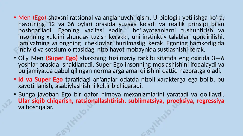 nsonlar yaxshi moslashmay qoladilar, chunki ular emotsional energiyalarining ko‘pini xavfni nazorat qilish va o‘zi haqidagi yolg'on tasavvurlarini saqlab qolishga harakat qiladi. shunga qaramay himoya mexanizmlarini foydasi mavjud. ular ko‘pincha xavfni yengib olishga yordam beradi. bizda xavfdan samarali qutulish va muammoga diqqatni qaratishga vaqt paydo boladi. agar siz bizning aytganlarimizdan o‘zingizga taalluqliligini olgan bolsangiz, bu siz o‘zingizni faqatgina himoya qilaverasiz degani emas. avval ta’kidlaganimizdek, hamma ham himoya mexanizmlarini qo‘llab turadi. himoya mexanizmlarining ikkita asosiy tavsifnomalari mavjud: 1. reallikni rad etish yoki buzish. 2. ongsiz darajadagi faoliyat. ko'pincha odamlar himoya mexanizmlarini bitta turini emas, balki ularni kompleks tarzda qo‘llashni ma’qul ko‘radilar. bundan tashqari ko‘pchilik insonlarda bitta mexanizmlarni boshqasidan afzal ko‘rish moyilligida, ya’ni xuddi ularning qollanilishi odat tusiga aylangandek tuyuladi. psixologik himoya mexanizmlarining turlari: 1. siqib chiqarish — bu yoqimsiz fikr, istak yoki tuyg‘ularni ongsiz, beixtiyor ravishda chiqarib tashlash jarayoni. z.freyd motivatsion unutish orqali himoya mexanizmini toliq ifodalab bergan. u simptomlarning shakllanishida muhim …