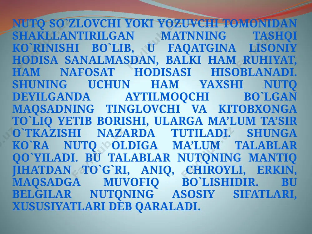 ldir. lug`aviy me’yorlar har bir xalq tili o`sha millat a’zolarining erkin va bemalol fikrlasha olishi uchun yetarli bo`lgan so`z boyligiga ega. bir tilga mansub bo`lgan bir sheva bu tilning boshqa guruh shevalaridan, jonli so`zlashuv tili esa adabiy tilda qo`llanuvchi so`zlar miqdori, xarakteri, shakli, hatto ma’nosiga ko`ra farqlanib turadi. mana shunday xususiyat adabiy til bilan shevalar, jonli so`zlashuv tili bilan adabiy til doirasida ham mavjuddir. demak, tildagi barcha so’zlar adabiy tilda qo`llanilavermaydi. nutqning aniqligi. sinonimlardan o`rinli foydalanish antonimlardan to`g`ri foydalanish ko`chma ma’noli so`zlarni o`rinli qo`llash so`z birikmalarini to`g`ri qo`llash iboralarni to`g`ri qo`llash; nutqning mantiqiyligi mantiqiy nutq deb yaxlit bir tizim asosida tuzilgan, fikrlar rivoji izchil bo`lgan, har bir so`z, ibora maqsadga muvofiq ravishda ishlatiladigan nutqqa aytiladi. nutqning mantiqiyligi uning asosiy sifatlari – to`g`rilik va aniqlik bilan chambarchas bog`liqdir. grammatik jihatdan to`g`ri tuzilmagan nutq ham, fikrni ifodalash uchun noto`g`ri tanlangan lug`aviy birlik ham mantiqiylikni buzadi. mantiqiy izchillkining buzilishi tinglovchi va o`quvchiga ifodalanayotgan …