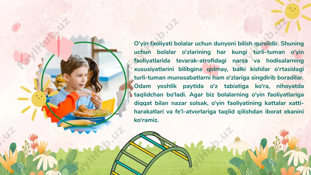 stahkamlash va ijodiy fikrlashni rivojlantirishga xizmat qiladi. o‘yin jarayonida ta’limiy, tarbiyaviy va psixologik yondashuvlar uyg‘unlashgan bo‘lishi kerak. pedagogik o‘yinlar nafaqat fanlarni o‘qitish, balki shaxsiy va ijtimoiy ko‘nikmalarni shakllantirish uchun ham muhimdir. taklif va tavsiyalar o‘qituvchilar uchun tavsiyalar: pedagogik o‘yinlarni o‘quv dasturiga mos ravishda tanlash va qo‘llash. o‘yin jarayonida motivatsiya va qiziqishni saqlab qolish uchun interfaol usullardan foydalanish. o‘yin natijalarini baholash va o‘quvchilarga o‘z ustida ishlash uchun tavsiyalar berish. test 1. pedagogik o‘yinlarning asosiy maqsadi nima? a) o‘quvchilarning faqat xotirasini rivojlantirish b) o‘quvchilarning bilimini qiziqarli shaklda mustahkamlash c) o‘quvchilarni shunchaki o‘yin-kulgiga jalb qilish d) faqatgina jamoaviy faoliyatni rivojlantirish ✅ to‘g‘ri javob: b 2. pedagogik o‘yinlarning qaysi xususiyati ularni boshqa ta’lim metodlaridan ajratib turadi? a) o‘yinlar doim raqobatga asoslanadi b) o‘yinlar faqat yozma topshiriqlarga asoslangan bo‘ladi c) o‘yinlar o‘quvchilarni qiziqtirish va faol ishtirokni ta’minlashga qaratilgan d) o‘yinlar natijasida baholash shart emas ✅ to‘g‘ri javob: c 3. pedagogik o‘yin qanday bo‘lishi lozim? a) …