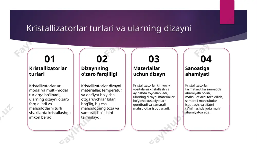 stallizatorlarning ahamiyati va faoliyati o'rganiladi, farmatsevtika sanoatining keyingi bosqichlari uchun muhimliklar belgilanadi. farmatsevtika sanoatida kristallizatorlarning roli va ahamiyati farmatsevtika sanoatida kristallizatorlar, dasturiy va sifatli mahsulotlarning ishlab chiqarilishida katta ahamiyatga ega. ular, mahsulotning tozaligi va samaradorligini ta'minlashda kritik vazifani bajaradilar. photo by ruan richard rodrigues on unsplash kristallizatorlar va o'zbekiston farmatsevtika sanoati: birga o'zaro munosabat 1 o'zbekiston farmatsevtika sanoati - o'zbekiston farmatsevtika sanoati, qo'llaniladigan kristallizatorlar orqali mahsulotlarni sifatli va samarali bo'lgan muhim sohalaridan biridir. 2 kristallizatorlar va o'zaro munosabat - kristallizatorlar farmatsevtika sanoatiga o'zaro munosabatda o'z ahamiyatini namoyon etadi, sifatli mahsulotlar isbotlanishida katta rol o'ynaydi. 3 kristallizatorlar va innovatsiyalar - kristallizatorlar va innovatsiyalar farmatsevtika sanoatini yanada rivojlantirishda muhim o'rin egallaydi, yangi texnologiyalar bilan ta'minlashi kerakdir. kristallizatorlar bilan mahsulotlarning toza va samarali bo'lishi 1 kristallizatsiya jarayoni - kristallizatorlar, kimyoviy qo'llanmalar kristallizatsiyasi jarayonida o'z vazifasini bajaradi, mahsulotni tozalaydi va samarali bo'lishini ta'minlaydi. 2 tozalash natijalari - kristallizatorlar orqali mahsulotlar toza holatga keltiriladi, bu …