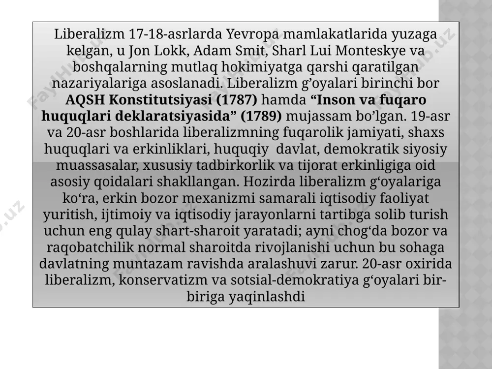 yosiy liberalizm siyosiy liberalizm — alohida shaxslar qonun va jamiyat asosi xisoblanadi, ijtimoiy institutlar individuumlarni real hokimiyat bilan taʼminlash uchun mavjud deb taʼkidlovchi qarash. angliyaning buyuk erkinlik xartiyasi (1215-yil) baʼzi shaxs huquqlarining monarxdan kengroq doirada qoʻllanilishi namunasidir. bunda asosiy xolat ijtimoiy shartnomadan iboratdir. unga binoan, fuqarolar oʻzlari qonun yaratishadi va oʻzlari shu qonunga boʻy sunishadi. qonun ustuvorligiga alohida urgʻu beriladi. zamonaviy liberalizm, shuningdek, jinsi, ijimoiy kelib chiqishi, millati, eʼtiqodi va xokazolardan qatʼiy nazar ovoz berish huquqini oʻz ichiga oladi iqtisodiy liberalizm iqtisodiy yoki klassik liberalizm mulk egaligi huquqi va shartnoma erkinligini himoya qiladi. bu liberalizm shaklining shiori „erkin xususiy korxonadir“. davlatni aralashmaslik prinsipiga (laissez-faire) asoslangan kapitalizm muqobil deb bilinadi, bunda davlat subsidiyasi va savdo uchun yuridik cheklanuvlarni bekor qilish koʻzda tutiladi. iqtisodiy liberallar bozor davlat boshqaruviga muxtoj emas deb taʼkidlashadi. ularning baʼzilari davlat monopoliya va kartellarni nazorat qilishi mumkin desa, boshqalar monopoliyalar aynan davlat faoliyati tufayli yuzaga keladi deyishadi. iqtisodiy …