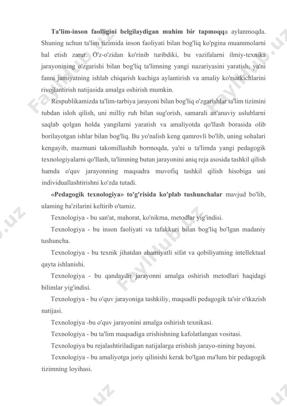 rayo-nining bayoni. texnologiya - bu amaliyotga joriy qilinishi kerak bo'lgan ma'lum bir pedagogik tizimning loyihasi. yuneskoning bergan ta'rifiga ko'ra, pedagogik texnologiya inson va texnika resuslarini hisobga olgan holda butun ta'lim jarayoniga va baholash metodiga hamda samaraliroq ta'lim shakllariga erishish ular o'rtasidagi o'zaro ta'siriga bog'liqdir. kasbiy pedagogika darsligida shunday tavsif beriladi: pedagogika texnologiya - bu pedagogika fani va maktab amaliyotini rivojlantirishda uzviylikni saqlab qolgan holda pedagogika va metodikaning metodologik va intellektual vositalarini radikal ravishda yangilash. bizning fikrimizcha «pedagogik texnologiya» tushunchasi barcha boshqariluvchi tashkiliy qismlar va ulaming bog'liqligini tahlil qilish, tanlash, loyihalash va nazorat qilish yo'li bilan pedagogik samaradorlikni yuqori darajaga ko'tarish hamda bu boiada tizinili yoadashuvni joriy etishni ifodalaydi. «pedagogik texnologiya» tiing la'limidagi amaliylik hamda tashkiliy-uslubiy imkoniyatlarini amalga oshitishga yo'naltirilganligi, uning aniq vositalar yordamida hayotga tatbiq etilishi butun jahon pedagoglarining unga e'tibormi kuchaytirmoqda. «texnologik» yo'nalishga turticha qarashlar mayjud, ba'zi pedagoglar «pedagogik texnologiyanda ta'limni differensiyalashtirish vositasini ko'rmoqdalar, boshqalami undagi kim mehnat sarflab …