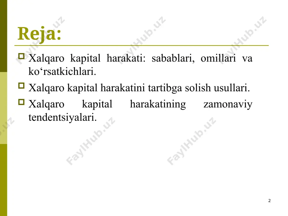 ojlantirishda muhim ahamiyatga ega, chunki u mamlakatlarning tashqi iqtisodiy va siyosiy aloqalarining mustahkamlanishiga olib keladi, ularning tashqi savdo aylanmalarini oshiradi, iqtisodiy rivojlanishni jadallashtiradi, ishlab chiqarish hajmlarini ko‘paytiradi, ishlab chiqarilayotgan tovarlarning jahon bozoridagi raqobatbardoshligini, importyor mamlakatlar texnik salohiyatini o‘stiradi va mamlakatdagi bandlikni oshiradi. * kapital migratsiyasining sabablari quyidagilardan iborat: kapitalning foiz stavkasi bilan belgilanadigan turli chegaraviy unumdorligi; firmalarning o‘z faoliyatini xalqaro diversifikatsiyalashtirishga intilishlari; tovarlarni import qilishga xalal beradigan va xorijiy ta’minotchilarni bozorga kapital olib kirishga undaydigan boj to‘siqlarining mavjudligi; barqaror siyosiy vaziyat va qulay investitsiyaviy muhit. * mamlakatning xalqaro kapital migratsiyasidagi ishtirok etish darajasi qator ko‘rsatkichlarda ifodalanadi. birinchi guruh ko‘rsatkichlariga quyidagi mutlaq ko‘rsatkichlar kiradi: kapital eksporti va importining hajmi, kapital eksporti-importi qoldig‘i, mamlakatdagi xorijiy kapitalli korxonalar soni, ulardagi bandlar soni va h.k. kapital eksporti-importi qoldig‘idan kelib chiqib, jahon mamlakatlari kapital eksport qiladigan (yaponiya, shveytsariya), kapital import qiladigan (aqsh, buyuk britaniya) hamda eksport va import hajmi taxminan bir xil bo‘lgan mamlakatlarga (germaniya, …