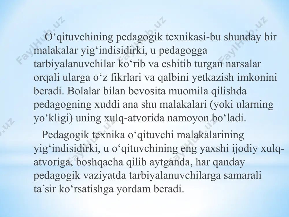 m bir reja asosida o’z oldiga qo’yilgan talablarning bajarilishini nazorat kilish ta’lim muassasasida va o’quvchilar jamoasida ta’lim-tarbiya bilan bogliq bo’lgan ijodiy faoliyatni tashkil eta olish o’quvchilar bilan pedagogik muloqot jarayonini bir muvozanatda saklab boshqara olish. pedagogik mahorat bu faxm-farosat va bilimlarning, chinakkam ilmiy, tarbiyaviy qiyinchiliklarni engishga qodir bo‘lgan nufuzli rahbarlikning, bolalar qalbining qandayligini his qilish mahorati, ichki dunyosi nozik va zaif bo‘lgan bola shaxsiga mohirlik bilan avaylab yondashish, donolik va ijodiy dalillik, ilmiy tahlil, hayol va fantaziyaga bo‘lgan qobiliyat mujassamidir o’qituvchining ma’naviy-siyosiy e’tiqodi o‘qituvchi shaxsiy xususiyatlarining muhim tomonini uning ma’naviy – siyosiy e’tiqodi, dunyoqarashi tashkil qiladi. o‘qituvchining butun ishi, xatti – harakati ana shu e’tiqodi, axloq prinsipi asosida sodir bo‘ladi. o‘qituvchining dunyoqarashi uning pedagogika nazariyasi masalalarini hamda maktabning amaliy ishlarini hal qilish uchun mustahkam asosdir. o‘qituvchilar yoshlarda vatanga muhabbat, mehnatsevarlik. insonparvarlik, halollik va rostgo‘ylik, axloqiy poklik, kamtarlik, kamchiliklarga nisbatan murosasizlik, do‘stlik, o‘rtoqlik kabi axloqiy fazilatlarni tarbiyalaydi. o’qituvchi tafakkurining xususiyatlari. o‘qituvchining …