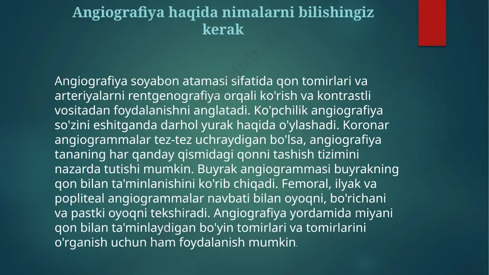 bir foizi bir kecha kuzatuvni talab qiladi. bir foizdan kam hollarda protsedura qon tomiriga zarar etkazadi, ammo bu odatda rentgenolog tomonidan tuzatiladi. angiografiya hozirgi kunda judda ko’p asoratlarni oldini olishda yordam beradigan asosiy usulardan biri bo’lib qolmoqda. e’tiboringiz uchun rahmat image6.jpg image7.jpg image8.jpg image9.jpg image10.png image11.jpg image12.jpg image13.jpg image2.png image3.png image4.png image5.png /docprops/thumbnail.jpeg