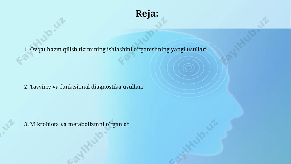aniqlikni ta'minlaydi. kompyuter tomografiyasi (kt) kompyuter tomografiyasi (kt) yordamida oshqozon-ichak traktining 3d tasvirlarini olish mumkin, bu esa shifokorlarga organlarning tuzilishi va o'lchamlarini aniq baholash imkonini beradi, masalan, o'sma kattaligi 5 mm gacha aniqlanadi. multispiral kt skanerlari yuqori tezlikda tasvirlarni hosil qiladi, bu esa dinamik jarayonlarni, masalan, ovqat hazm qilish tizimining 10 sekund ichidagi reaksiyasini real vaqtda kuzatishga imkon beradi. telemetriya va sensor texnologiyalari simsiz sensorli texnologiyalar yordamida, ichak harakatining tezligi va ritmini o'lchash mumkin, bu esa 5 dan ortiq turdagi ovqat hazm qilish buzilishlarini aniqlashga yordam beradi. oʻlchovli kapsulalar yordamida 24 soat davomida oshqozon-ichak trakti faoliyatini kuzatish imkoniyati mavjud boʻlib, bu real vaqtda ma'lumotlar olishga va patologiyalarni aniqlashga yordam beradi. metagenomika инсоннинг овқат ҳазм қилиш тизимидаги метагеном таркибини таҳлил қилиш орқали, саломатлик ва касаллик ҳолатларидаги микробиотанинг функционал ролини ўрганиш мумкин. метагеном тадқиқотлари орқали овқат ҳазм қилиш тизимидаги 16s ррнк генларининг кўплигини аниқлаш ва турли хил бактерия популяцияларининг нисбатини баҳолаш мумкин. …