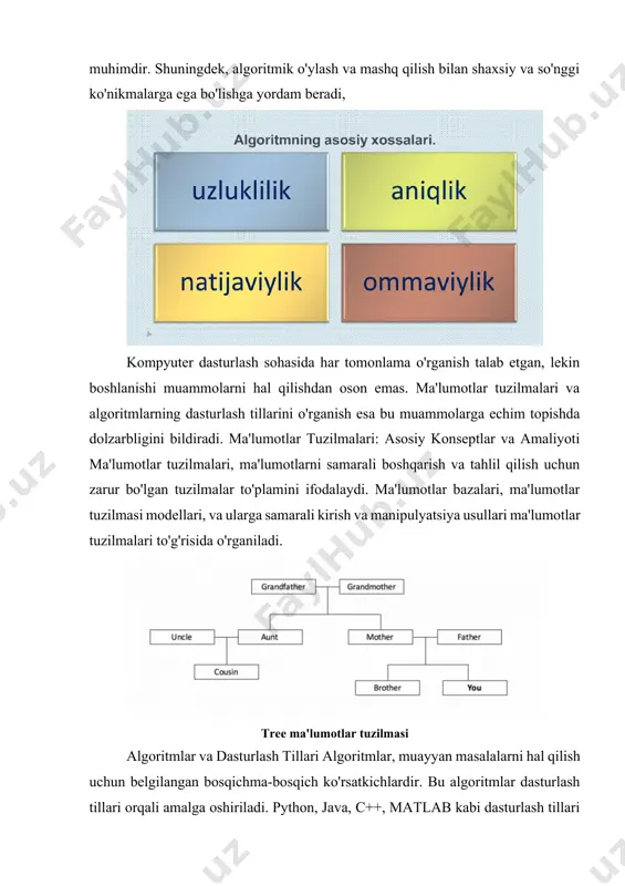 otlar tuzilmasi modellari, va ularga samarali kirish va manipulyatsiya usullari ma'lumotlar tuzilmalari to'g'risida o'rganiladi. tree ma'lumotlar tuzilmasi algoritmlar va dasturlash tillari algoritmlar, muayyan masalalarni hal qilish uchun belgilangan bosqichma-bosqich ko'rsatkichlardir. bu algoritmlar dasturlash tillari orqali amalga oshiriladi. python, java, c++, matlab kabi dasturlash tillari o'rganishdagi dolzarbligi o'qituvchilar va o'quvchilar uchun katta muammolarni tug'risidir. dasturlash tillarini o'rganishning dolzarbligi dasturlash tillarini o'rganish, kompyuter ilmiyotida muhim o'quv yoki o'quv rejalaridan biri hisoblanadi. ular yordamida, ma'lumotlar tuzilmalari va algoritmlarni o'rganish va amaliyotga o'tkazish mumkin. dolzarbligi esa, boshqarishini va tahlilini ta'minlash uchun juda muhimdir. jamiy dasturlashning maqsadi jamiyki dasturlashni o'rganishning asosiy maqsadi, talabalar uchun kompyuter dasturlash sohasida ustunlikka erishish va jamiyki dasturlashdagi samarali ishtirokni ta'minlashdir. bu, yangi innovatsiyalar va muammolarni hal qilishda yordam berishi kerak bo'lgan eng muhim asosdir. ma'lumotlar tuzilmasi (data structure) va algoritmlar dasturlash tillari (programming languages) dasturlash sohasidagi asosiy kontseptlardan biridir. ma'lumotlar tuzilmasi, ma'lumotlarni saqlash va ularni qiymatli xususiyatlariga qarab tartiblash uchun …